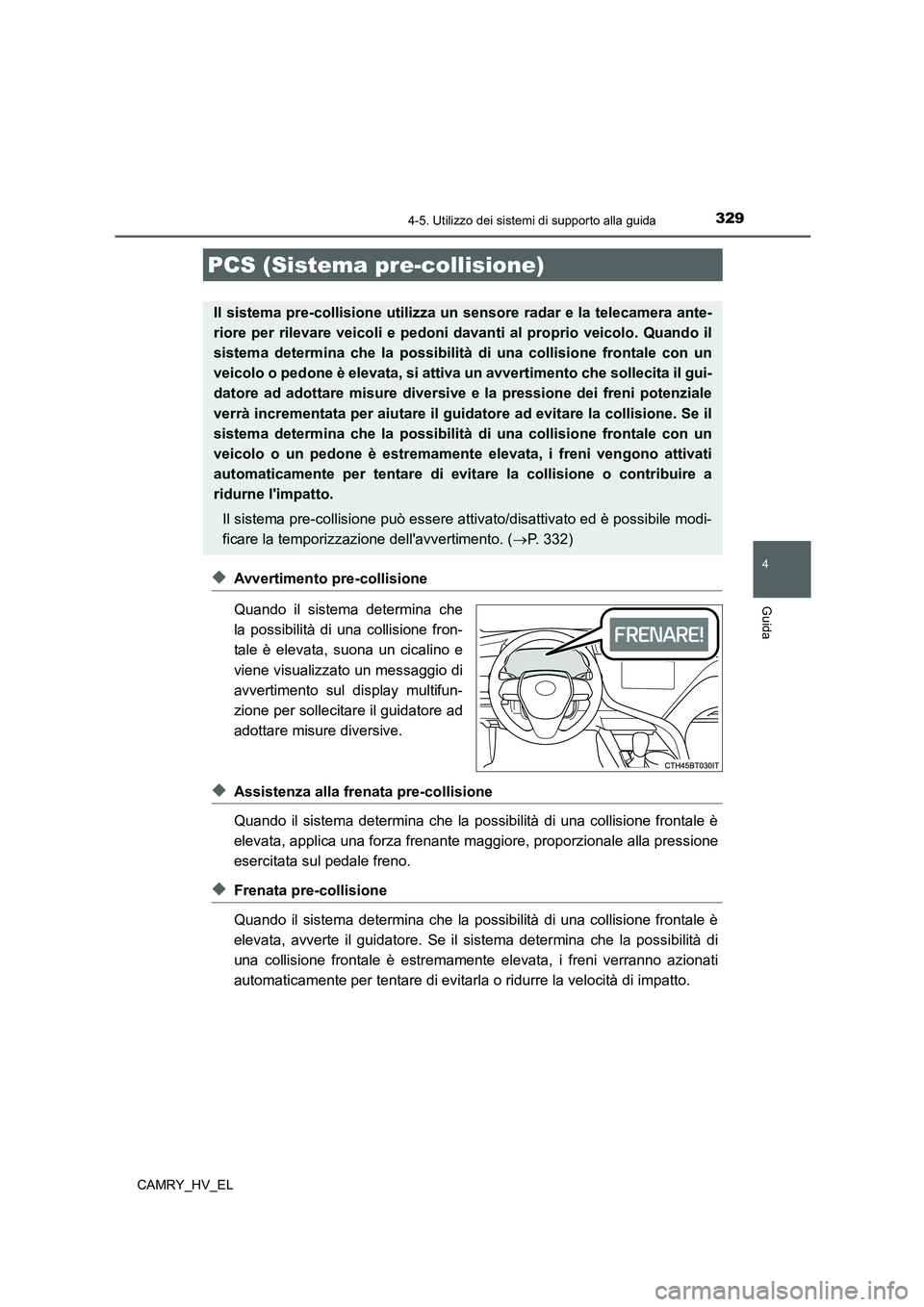 TOYOTA CAMRY 2021 Manuale duso (in Italian) 3294-5. Utilizzo dei sistemi di supporto alla guida
4
Guida
CAMRY_HV_EL
◆Avvertimento pre-collisione
Quando il sistema determina che
la possibilità di una collisione fron-
tale è elevata, suona un TOYOTA CAMRY 2021 Manuale duso (in Italian) 3294-5. Utilizzo dei sistemi di supporto alla guida
4
Guida
CAMRY_HV_EL
◆Avvertimento pre-collisione
Quando il sistema determina che
la possibilità di una collisione fron-
tale è elevata, suona un