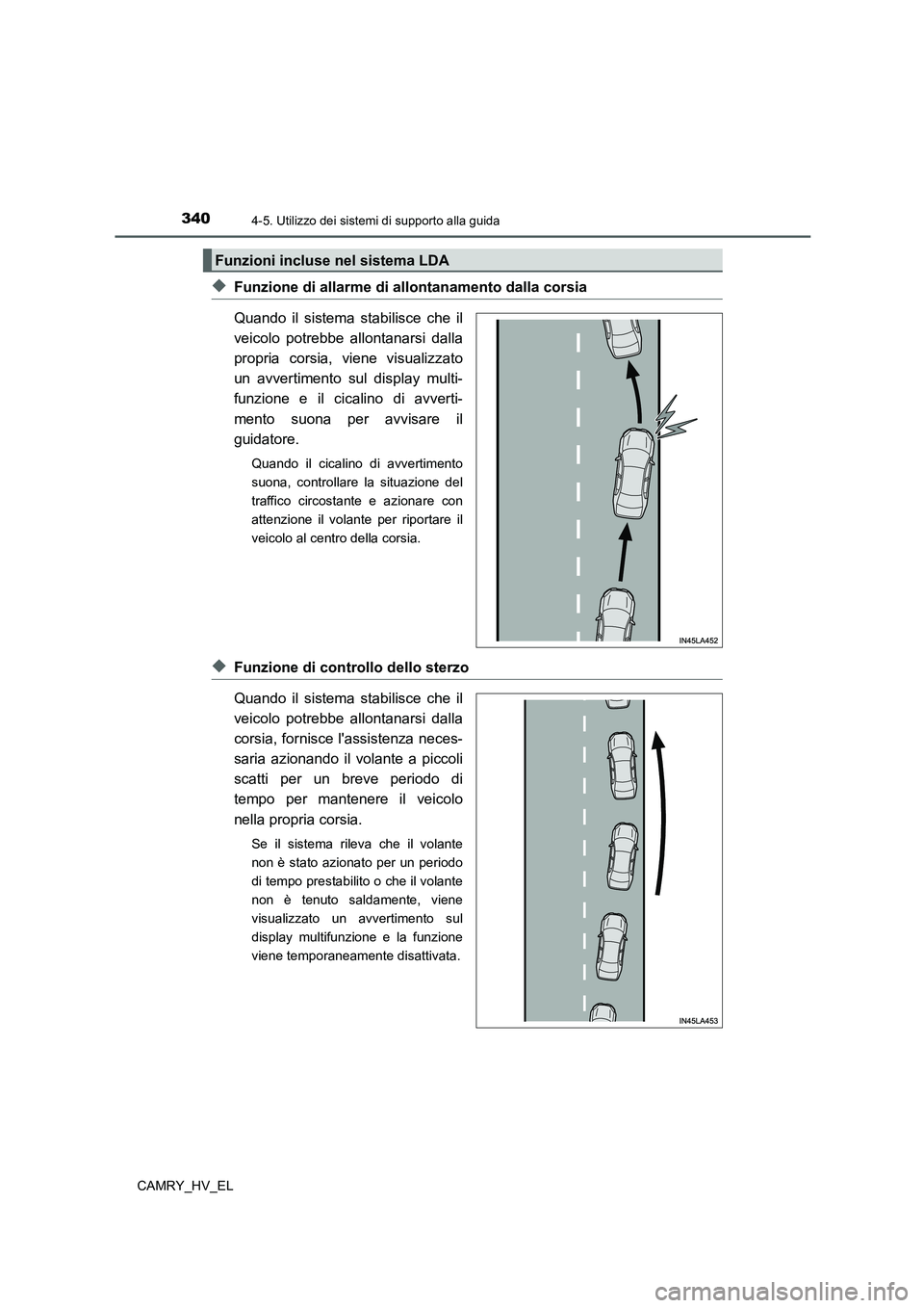 TOYOTA CAMRY 2021  Manuale duso (in Italian) 3404-5. Utilizzo dei sistemi di supporto alla guida
CAMRY_HV_EL
◆Funzione di allarme di allontanamento dalla corsia
Quando il sistema stabilisce che il
veicolo potrebbe allontanarsi dalla
propria co