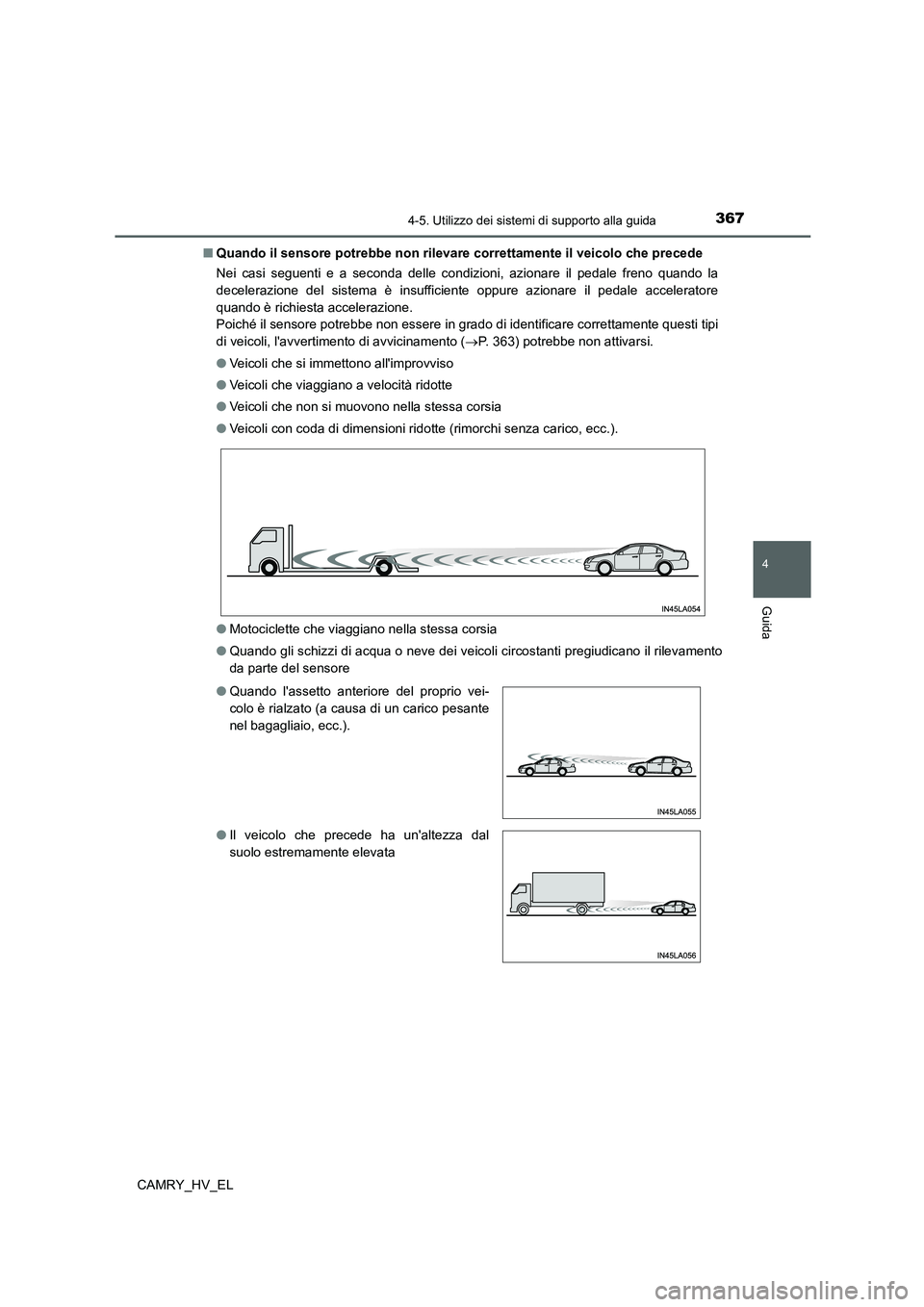 TOYOTA CAMRY 2021  Manuale duso (in Italian) 3674-5. Utilizzo dei sistemi di supporto alla guida
4
Guida
CAMRY_HV_EL■Quando il sensore potrebbe non rilevare correttamente il veicolo che precede
Nei casi seguenti e a seconda delle condizioni, a