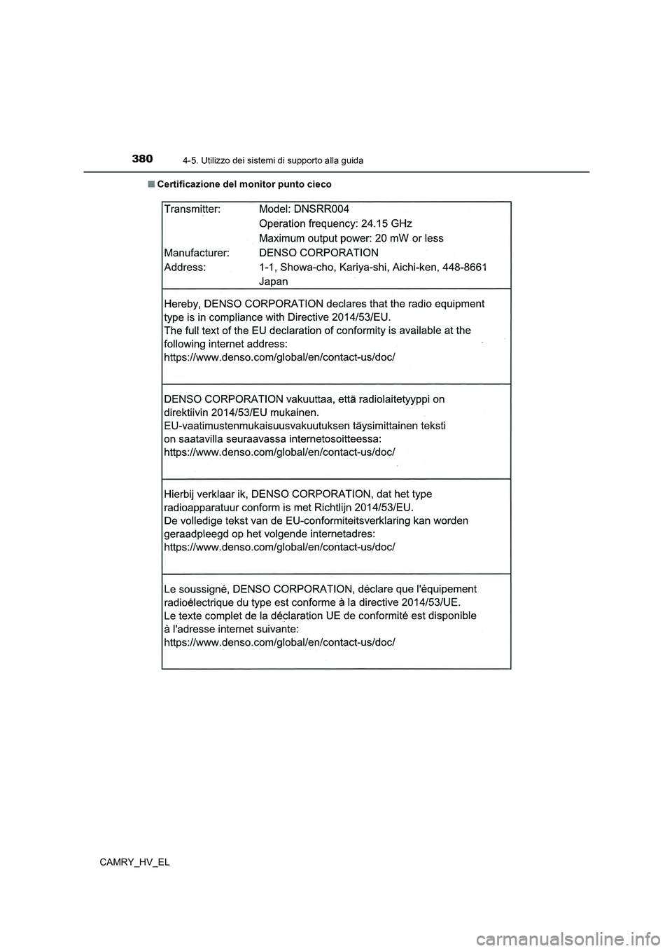 TOYOTA CAMRY 2021  Manuale duso (in Italian) 3804-5. Utilizzo dei sistemi di supporto alla guida
CAMRY_HV_EL■Certificazione del monitor punto cieco 