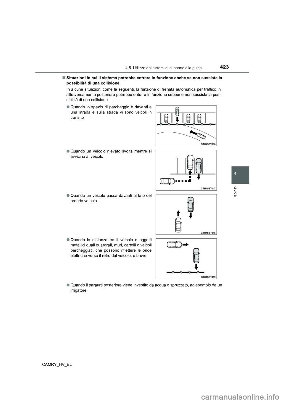 TOYOTA CAMRY 2021 Manuale duso (in Italian) 4234-5. Utilizzo dei sistemi di supporto alla guida
4
Guida
CAMRY_HV_EL■Situazioni in cui il sistema potrebbe entrare in funzione anche se non sussiste la
possibilità di una collisione
In alcune si TOYOTA CAMRY 2021 Manuale duso (in Italian) 4234-5. Utilizzo dei sistemi di supporto alla guida
4
Guida
CAMRY_HV_EL■Situazioni in cui il sistema potrebbe entrare in funzione anche se non sussiste la
possibilità di una collisione
In alcune si