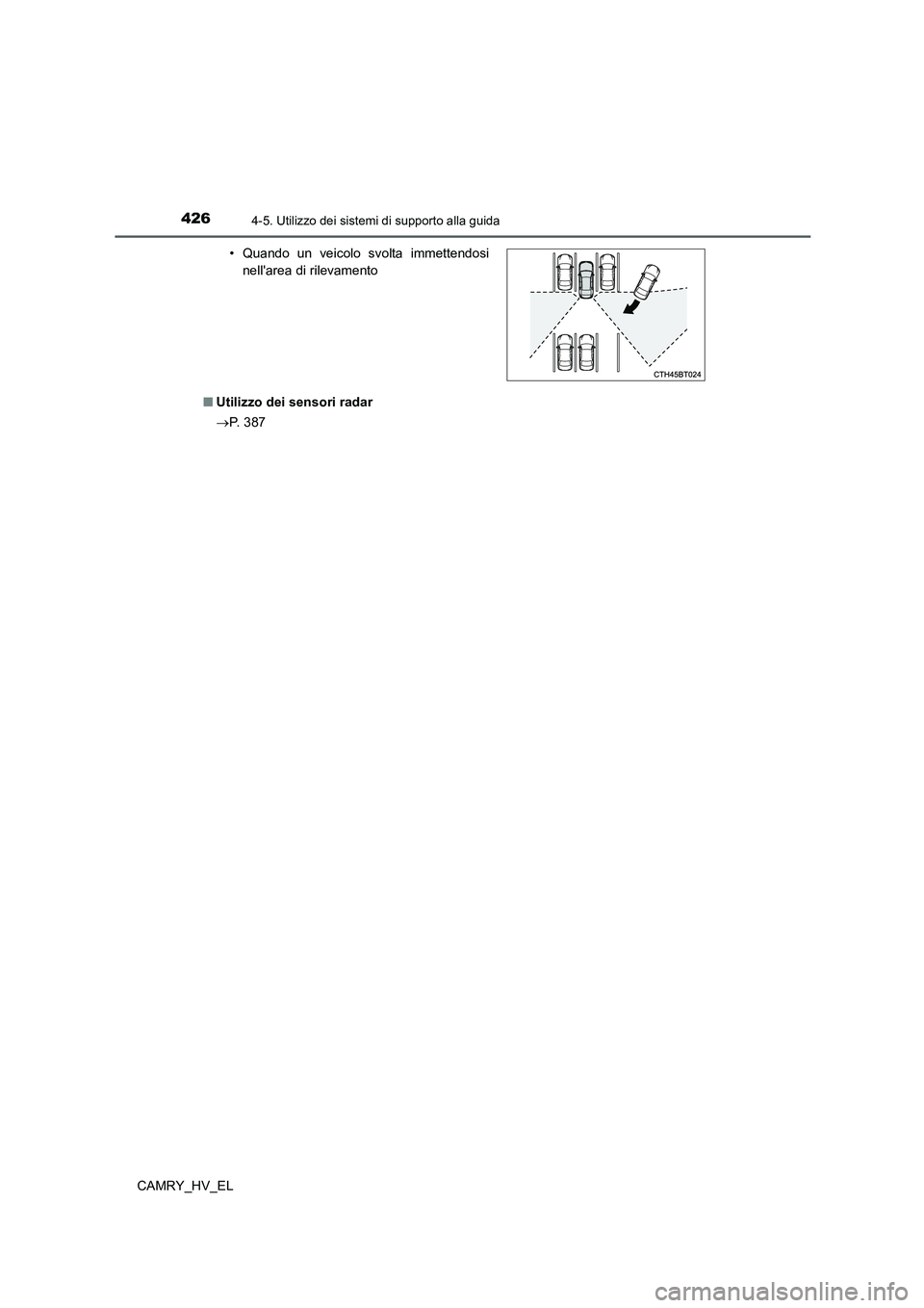TOYOTA CAMRY 2021 Manuale duso (in Italian) 4264-5. Utilizzo dei sistemi di supporto alla guida
CAMRY_HV_EL■Utilizzo dei sensori radar
P. 3 8 7• Quando un veicolo svolta immettendosi
nellarea di rilevamento TOYOTA CAMRY 2021 Manuale duso (in Italian) 4264-5. Utilizzo dei sistemi di supporto alla guida
CAMRY_HV_EL■Utilizzo dei sensori radar
P. 3 8 7• Quando un veicolo svolta immettendosi
nellarea di rilevamento