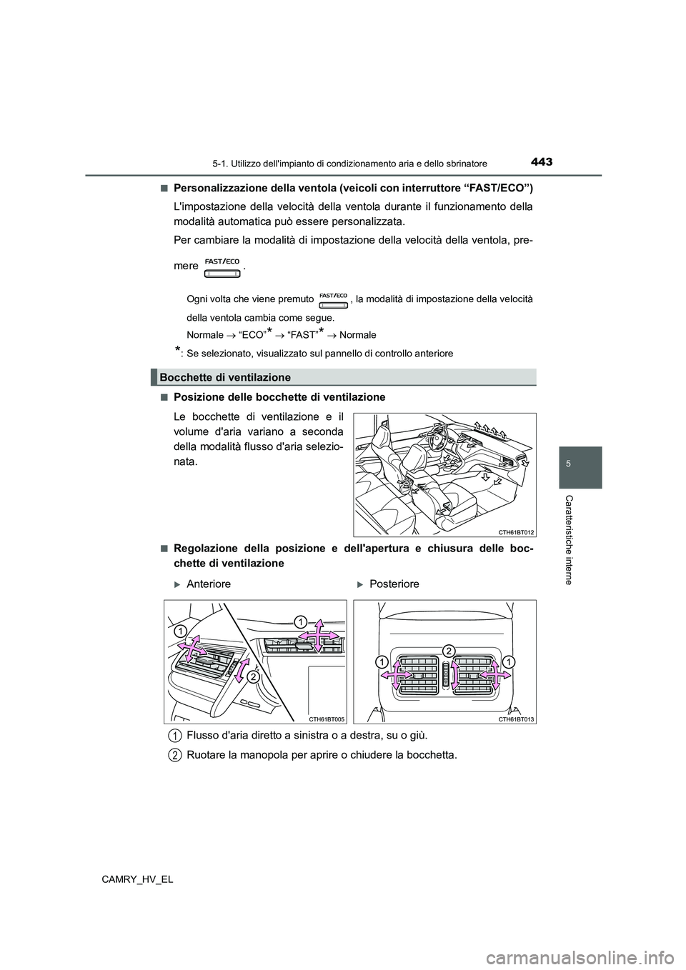 TOYOTA CAMRY 2021  Manuale duso (in Italian) 4435-1. Utilizzo dellimpianto di condizionamento aria e dello sbrinatore
5
Caratteristiche interne
CAMRY_HV_EL■
Personalizzazione della ventola (veicoli con interruttore “FAST/ECO”)
Limpostazi