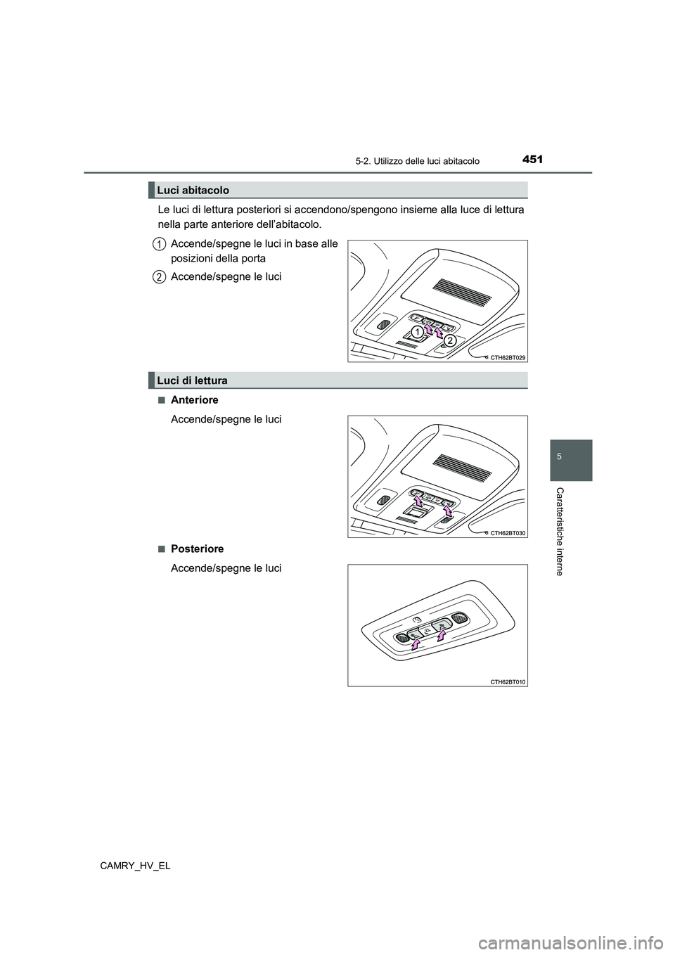 TOYOTA CAMRY 2021  Manuale duso (in Italian) 4515-2. Utilizzo delle luci abitacolo
5
Caratteristiche interne
CAMRY_HV_EL
Le luci di lettura posteriori si accendono/spengono insieme alla luce di lettura
nella parte anteriore dell’abitacolo.
Acc