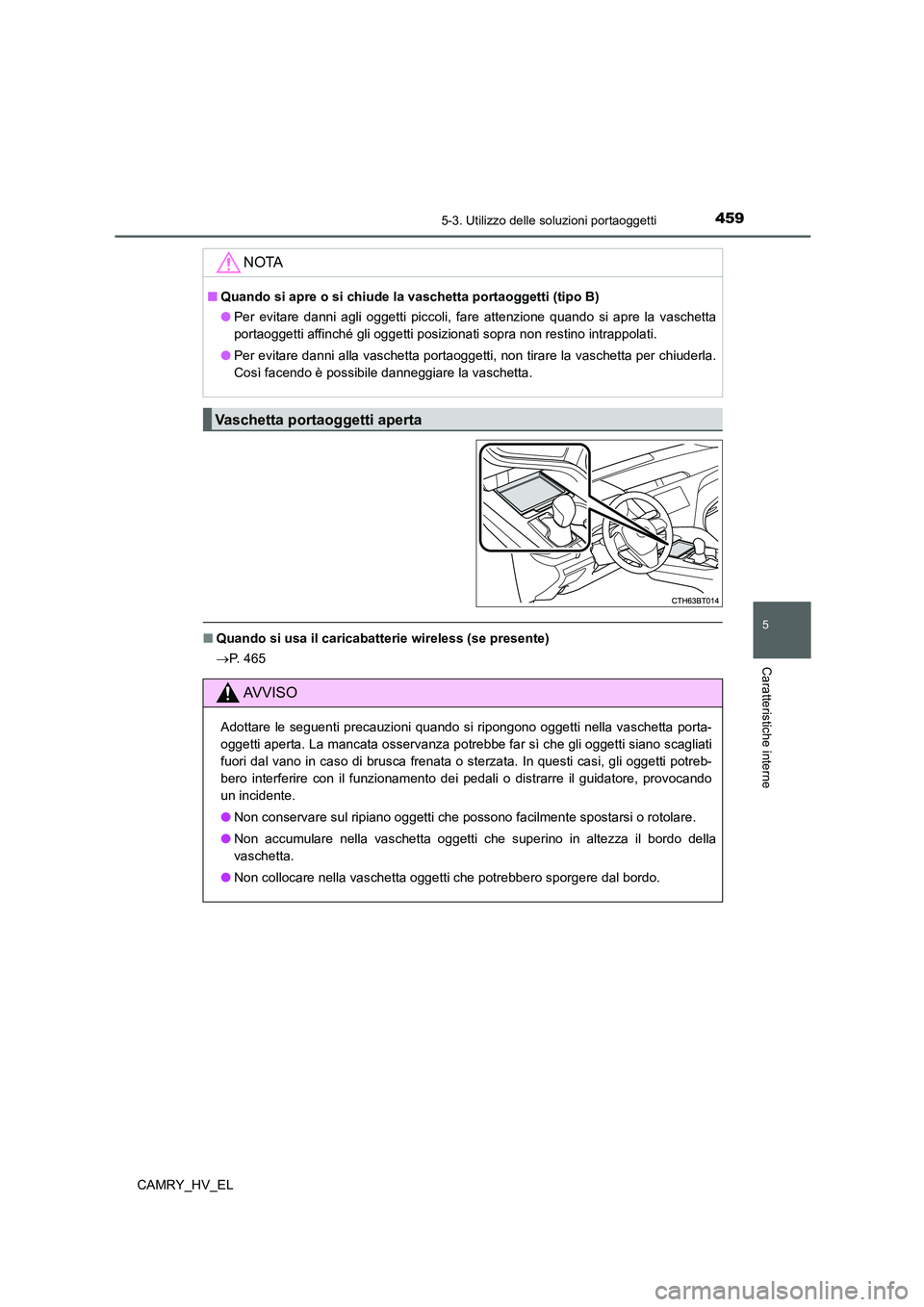 TOYOTA CAMRY 2021  Manuale duso (in Italian) 4595-3. Utilizzo delle soluzioni portaoggetti
5
Caratteristiche interne
CAMRY_HV_EL
■Quando si usa il caricabatterie wireless (se presente)
P.  4 6 5
NOTA
■Quando si apre o si chiude la vaschet
