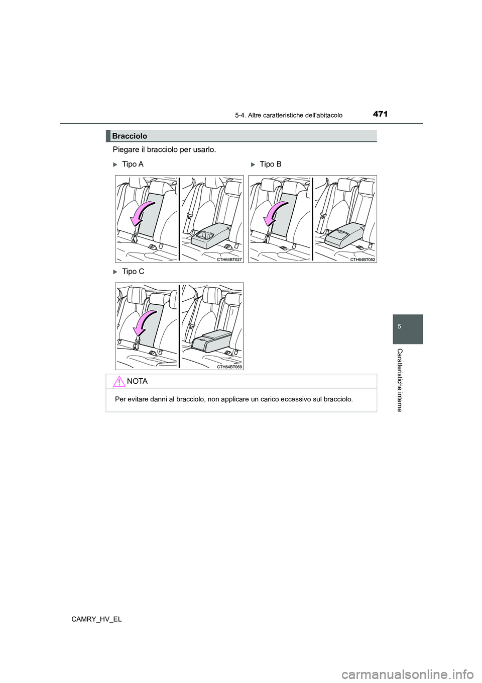 TOYOTA CAMRY 2021  Manuale duso (in Italian) 4715-4. Altre caratteristiche dellabitacolo
5
Caratteristiche interne
CAMRY_HV_EL
Piegare il bracciolo per usarlo.
Bracciolo
Tipo ATipo B
Tipo C
NOTA
Per evitare danni al bracciolo, non appl