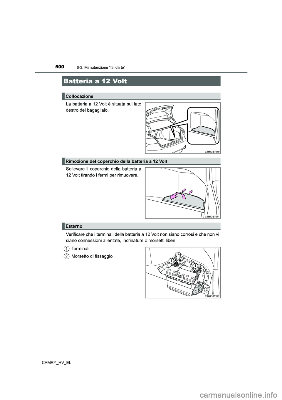 TOYOTA CAMRY 2021  Manuale duso (in Italian) 5006-3. Manutenzione “fai da te”
CAMRY_HV_EL
La batteria a 12 Volt è situata sul lato
destro del bagagliaio.
Sollevare il coperchio della batteria a
12 Volt tirando i fermi per rimuovere.
Verific