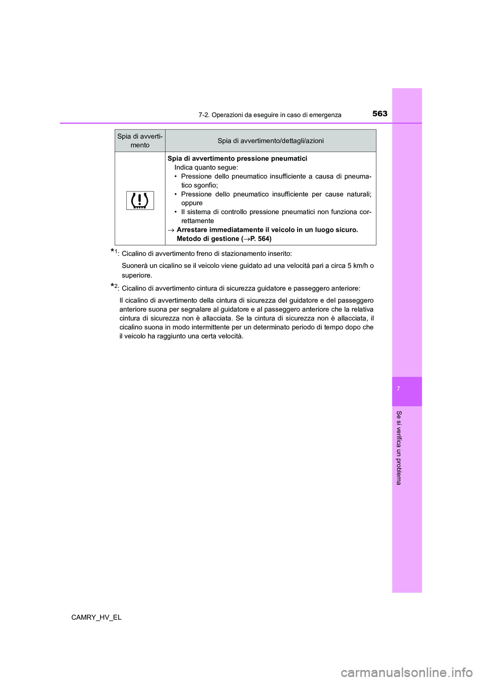 TOYOTA CAMRY 2021 Manuale duso (in Italian) 5637-2. Operazioni da eseguire in caso di emergenza
7
Se si verifica un problema
CAMRY_HV_EL
*1: Cicalino di avvertimento freno di stazionamento inserito:
Suonerà un cicalino se il veicolo viene gui TOYOTA CAMRY 2021 Manuale duso (in Italian) 5637-2. Operazioni da eseguire in caso di emergenza
7
Se si verifica un problema
CAMRY_HV_EL
*1: Cicalino di avvertimento freno di stazionamento inserito:
Suonerà un cicalino se il veicolo viene gui