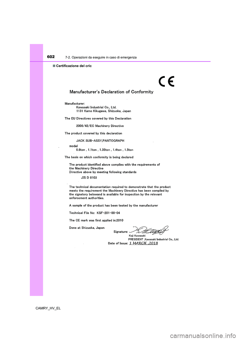 TOYOTA CAMRY 2021 Manuale duso (in Italian) 6027-2. Operazioni da eseguire in caso di emergenza
CAMRY_HV_EL■Certificazione del cric TOYOTA CAMRY 2021 Manuale duso (in Italian) 6027-2. Operazioni da eseguire in caso di emergenza
CAMRY_HV_EL■Certificazione del cric