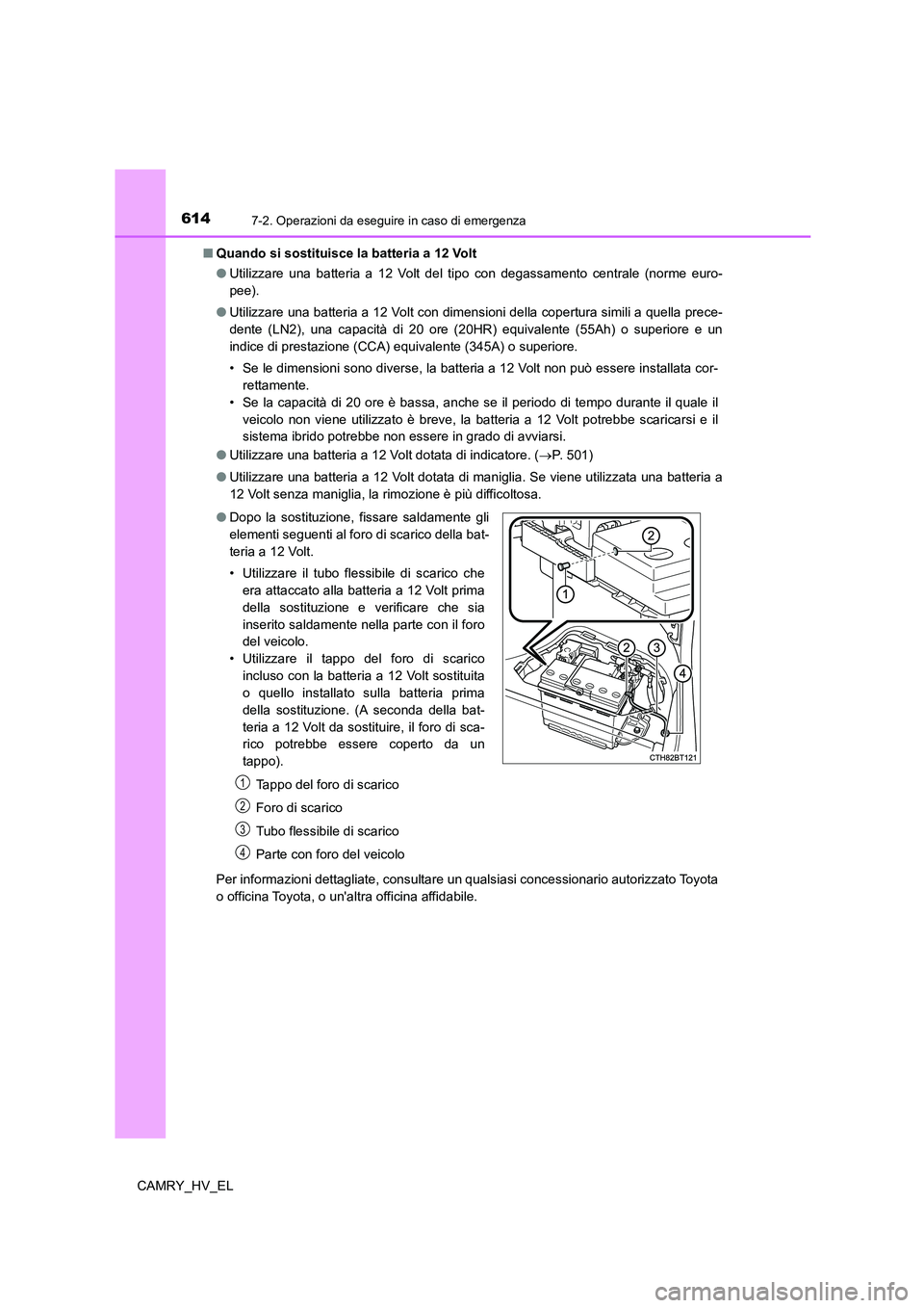 TOYOTA CAMRY 2021 Manuale duso (in Italian) 6147-2. Operazioni da eseguire in caso di emergenza
CAMRY_HV_EL■Quando si sostituisce la batteria a 12 Volt
●Utilizzare una batteria a 12 Volt del tipo con degassamento centrale (norme euro-
pee). TOYOTA CAMRY 2021 Manuale duso (in Italian) 6147-2. Operazioni da eseguire in caso di emergenza
CAMRY_HV_EL■Quando si sostituisce la batteria a 12 Volt
●Utilizzare una batteria a 12 Volt del tipo con degassamento centrale (norme euro-
pee).