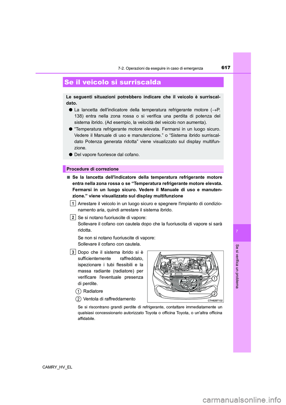 TOYOTA CAMRY 2021 Manuale duso (in Italian) 6177-2. Operazioni da eseguire in caso di emergenza
7
Se si verifica un problema
CAMRY_HV_EL■
Se la lancetta dellindicatore della temperatura refrigerante motore
entra nella zona rossa o se “Temp TOYOTA CAMRY 2021 Manuale duso (in Italian) 6177-2. Operazioni da eseguire in caso di emergenza
7
Se si verifica un problema
CAMRY_HV_EL■
Se la lancetta dellindicatore della temperatura refrigerante motore
entra nella zona rossa o se “Temp