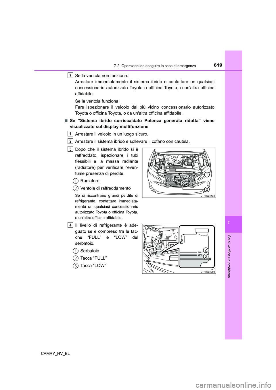 TOYOTA CAMRY 2021 Manuale duso (in Italian) 6197-2. Operazioni da eseguire in caso di emergenza
7
Se si verifica un problema
CAMRY_HV_EL
Se la ventola non funziona:
Arrestare immediatamente il sistema ibrido e contattare un qualsiasi
concessio TOYOTA CAMRY 2021 Manuale duso (in Italian) 6197-2. Operazioni da eseguire in caso di emergenza
7
Se si verifica un problema
CAMRY_HV_EL
Se la ventola non funziona:
Arrestare immediatamente il sistema ibrido e contattare un qualsiasi
concessio