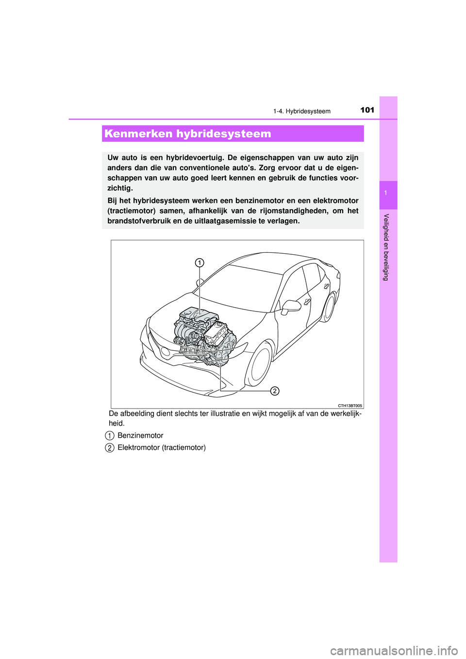 TOYOTA CAMRY 2021  Instructieboekje (in Dutch) 101
1
Veiligheid en beveiliging
CAMRY_HV_EE
1-4. Hybridesysteem
De afbeelding dient slechts ter illustratie en wijkt mogelijk af van de werkelijk-
heid.Benzinemotor
Elektromotor (tractiemotor)
Kenmerk