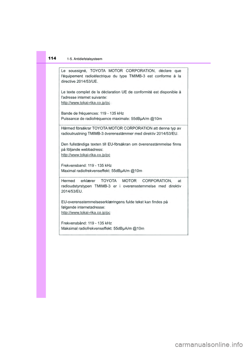 TOYOTA CAMRY 2021  Instructieboekje (in Dutch) 1141-5. Antidiefstalsysteem
CAMRY_HV_EE
CAMRY_HV_OM_Europe_OM33F82E.book  Page 114  Friday, August 14, 2020  9:43 AM 