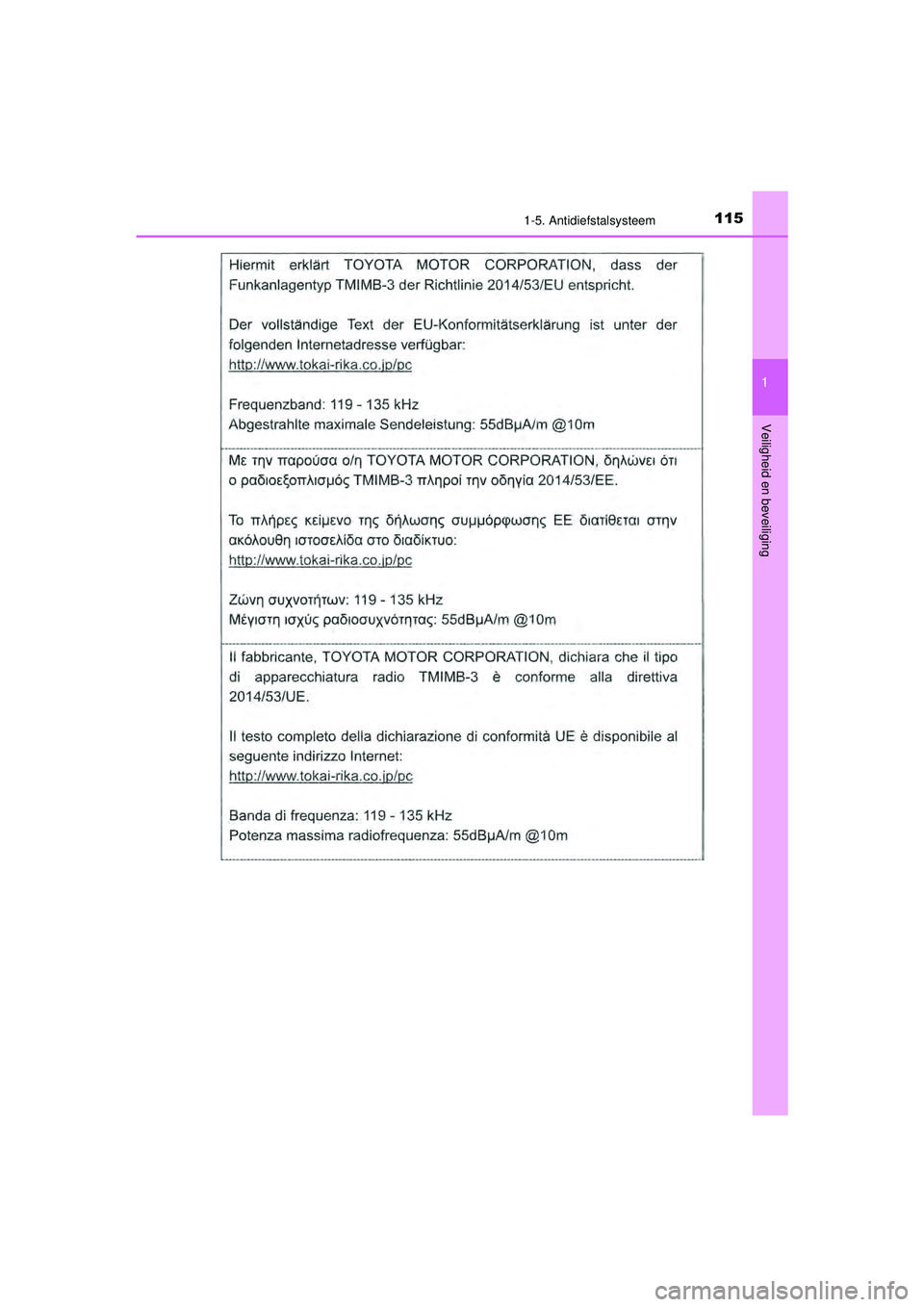 TOYOTA CAMRY 2021  Instructieboekje (in Dutch) 1151-5. Antidiefstalsysteem
1
Veiligheid en beveiliging
CAMRY_HV_EE
CAMRY_HV_OM_Europe_OM33F82E.book  Page 115  Friday, August 14, 2020  9:43 AM 