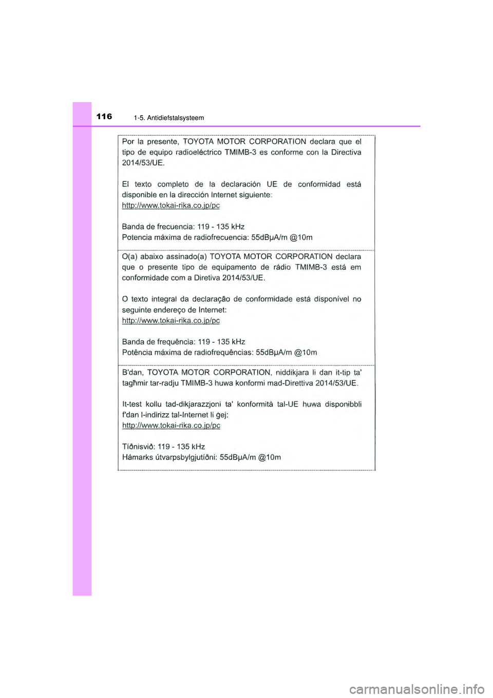 TOYOTA CAMRY 2021  Instructieboekje (in Dutch) 1161-5. Antidiefstalsysteem
CAMRY_HV_EE
CAMRY_HV_OM_Europe_OM33F82E.book  Page 116  Friday, August 14, 2020  9:43 AM 