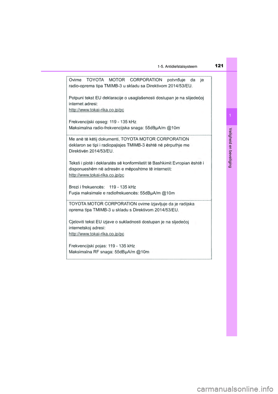 TOYOTA CAMRY 2021  Instructieboekje (in Dutch) 1211-5. Antidiefstalsysteem
1
Veiligheid en beveiliging
CAMRY_HV_EE
CAMRY_HV_OM_Europe_OM33F82E.book  Page 121  Friday, August 14, 2020  9:43 AM 