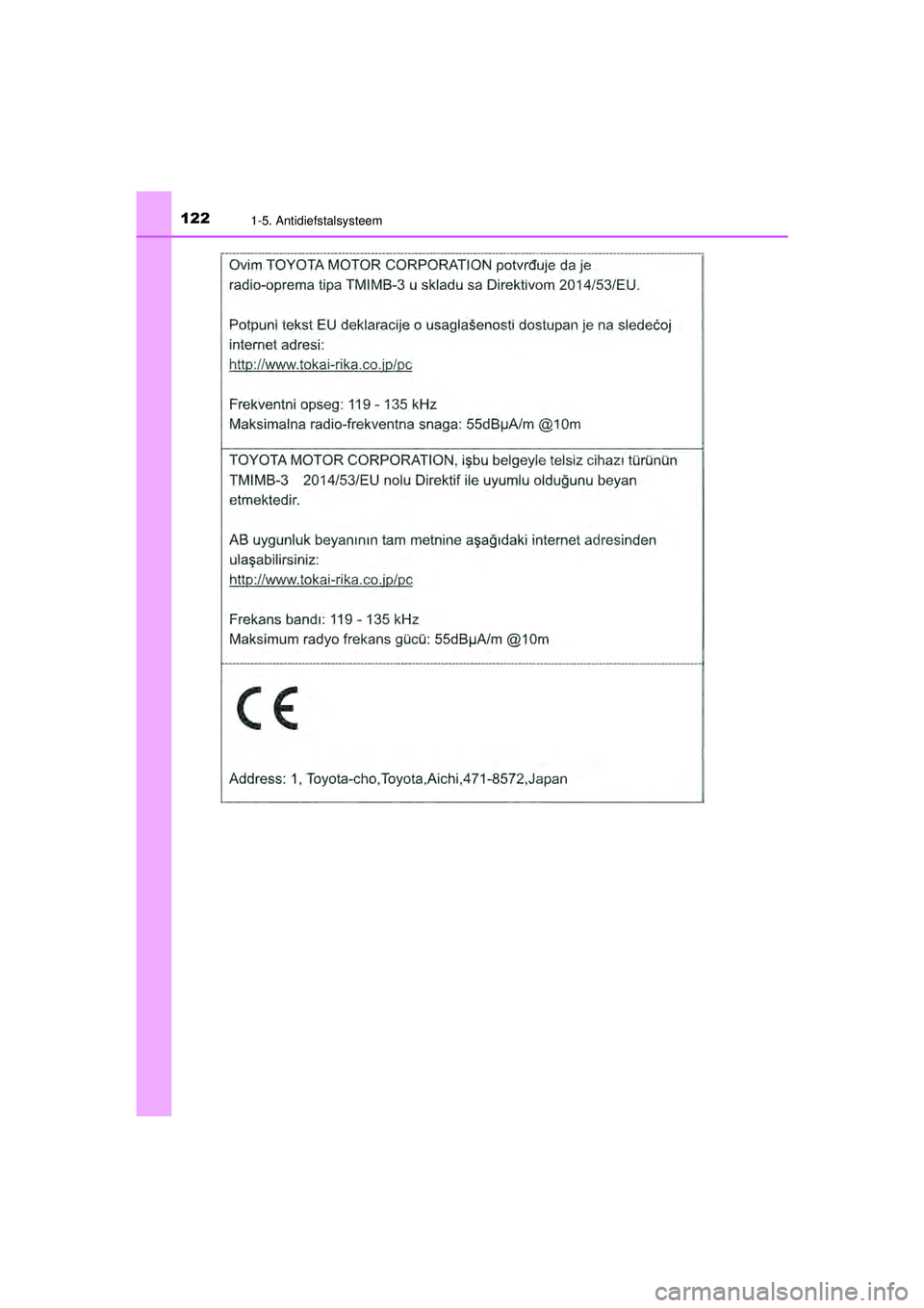 TOYOTA CAMRY 2021  Instructieboekje (in Dutch) 1221-5. Antidiefstalsysteem
CAMRY_HV_EE
CAMRY_HV_OM_Europe_OM33F82E.book  Page 122  Friday, August 14, 2020  9:43 AM 