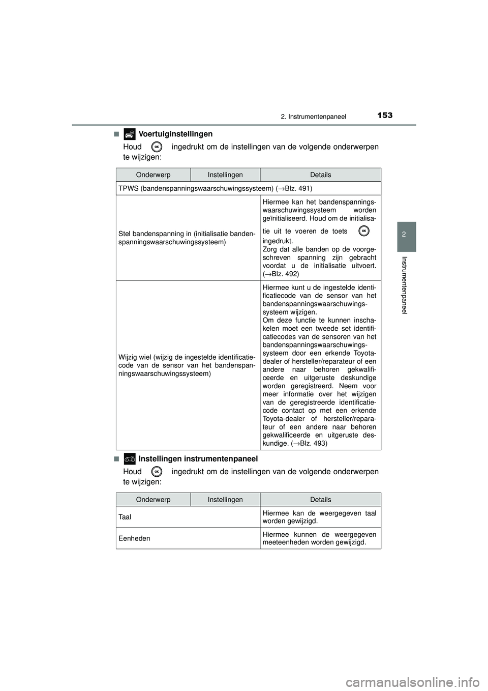 TOYOTA CAMRY 2021 Instructieboekje (in Dutch) 1532. Instrumentenpaneel
CAMRY_HV_EE
2
Instrumentenpaneel
■ Voertuiginstellingen
Houd ingedrukt om de instellingen van de volgende onderwerpen
te wijzigen:
■ Instellingen instrumentenpaneel
Houd TOYOTA CAMRY 2021 Instructieboekje (in Dutch) 1532. Instrumentenpaneel
CAMRY_HV_EE
2
Instrumentenpaneel
■ Voertuiginstellingen
Houd ingedrukt om de instellingen van de volgende onderwerpen
te wijzigen:
■ Instellingen instrumentenpaneel
Houd