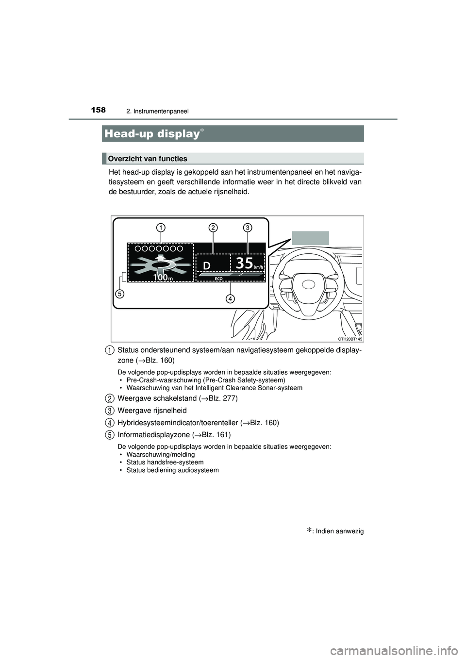 TOYOTA CAMRY 2021 Instructieboekje (in Dutch) 1582. Instrumentenpaneel
CAMRY_HV_EE
Het head-up display is gekoppeld aan het instrumentenpaneel en het naviga-
tiesysteem en geeft verschillende informatie weer in het directe blikveld van
de bestuur TOYOTA CAMRY 2021 Instructieboekje (in Dutch) 1582. Instrumentenpaneel
CAMRY_HV_EE
Het head-up display is gekoppeld aan het instrumentenpaneel en het naviga-
tiesysteem en geeft verschillende informatie weer in het directe blikveld van
de bestuur