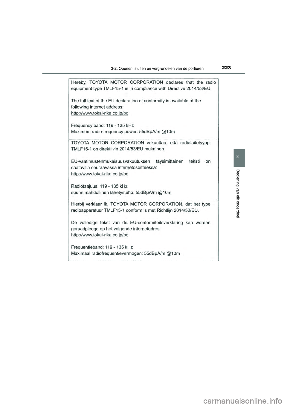 TOYOTA CAMRY 2021  Instructieboekje (in Dutch) 2233-2. Openen, sluiten en vergrendelen van de portieren
CAMRY_HV_EE
3
Bediening van elk onderdeel
CAMRY_HV_OM_Europe_OM33F82E.book  Page 223  Friday, August 14, 2020  9:43 AM 