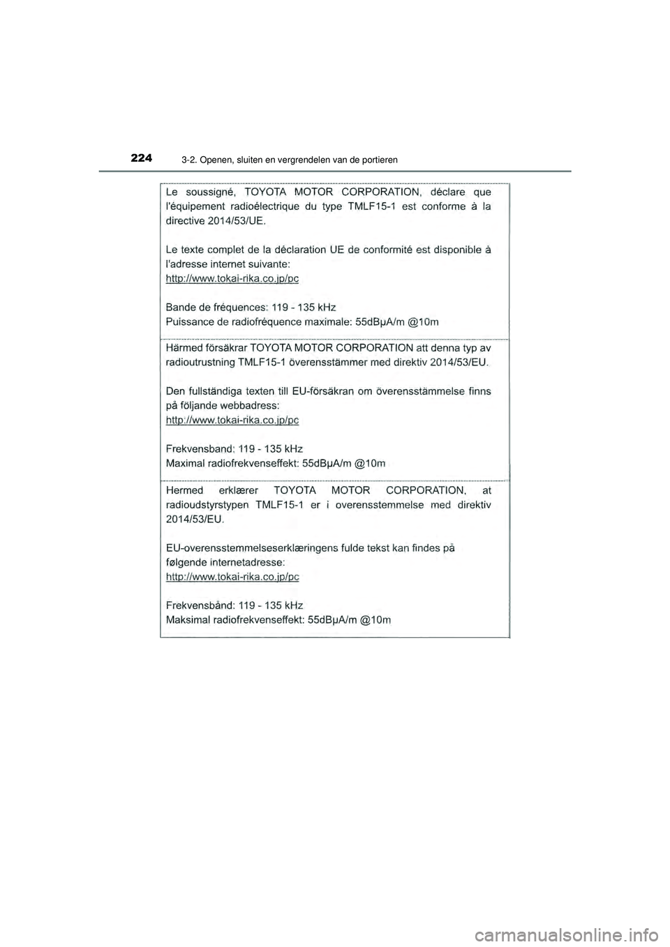 TOYOTA CAMRY 2021  Instructieboekje (in Dutch) 2243-2. Openen, sluiten en vergrendelen van de portieren
CAMRY_HV_EE
CAMRY_HV_OM_Europe_OM33F82E.book  Page 224  Friday, August 14, 2020  9:43 AM 