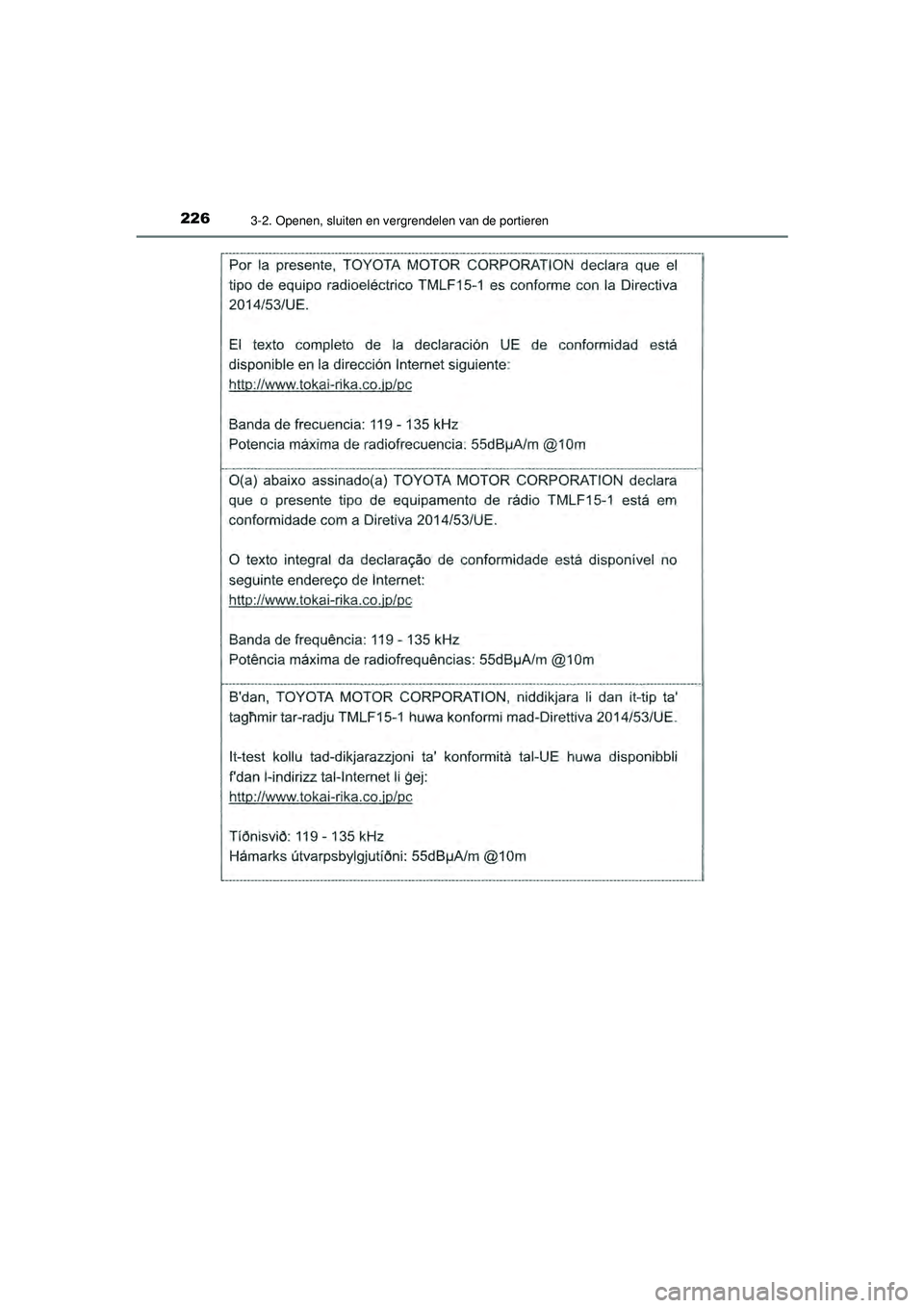 TOYOTA CAMRY 2021  Instructieboekje (in Dutch) 2263-2. Openen, sluiten en vergrendelen van de portieren
CAMRY_HV_EE
CAMRY_HV_OM_Europe_OM33F82E.book  Page 226  Friday, August 14, 2020  9:43 AM 