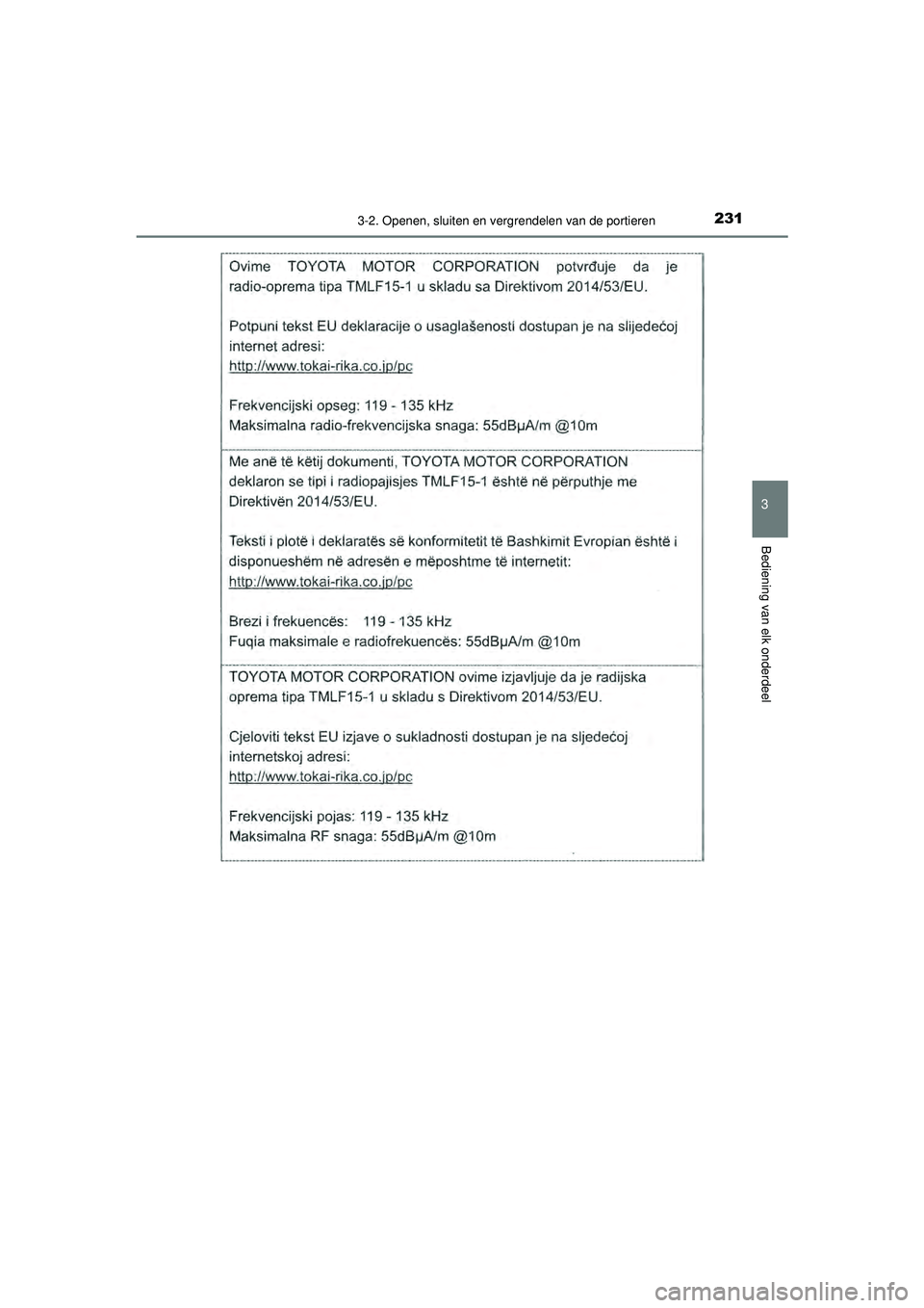 TOYOTA CAMRY 2021  Instructieboekje (in Dutch) 2313-2. Openen, sluiten en vergrendelen van de portieren
CAMRY_HV_EE
3
Bediening van elk onderdeel
CAMRY_HV_OM_Europe_OM33F82E.book  Page 231  Friday, August 14, 2020  9:43 AM 