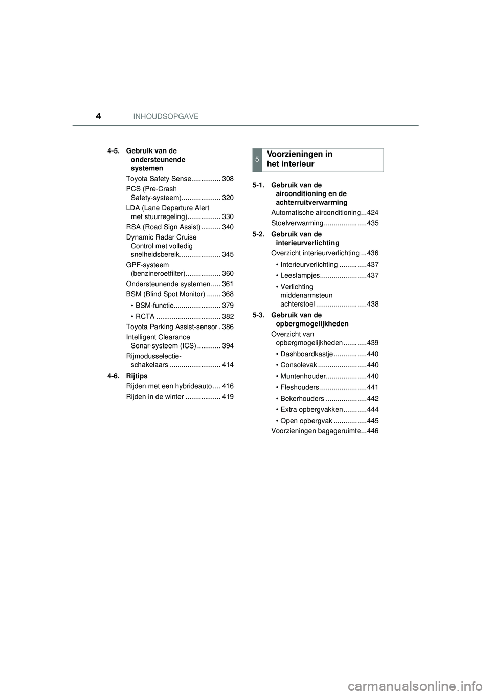 TOYOTA CAMRY 2021  Instructieboekje (in Dutch) INHOUDSOPGAVE4
CAMRY_HV_EE4-5. Gebruik van de 
ondersteunende 
systemen
Toyota Safety Sense............... 308
PCS (Pre-Crash  Safety-systeem).................... 320
LDA (Lane Departure Alert  met st