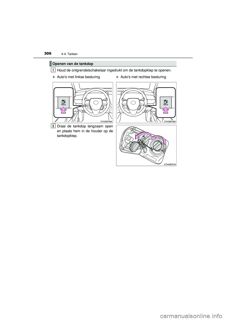 TOYOTA CAMRY 2021  Instructieboekje (in Dutch) 3064-4. Tanken
CAMRY_HV_EE
Houd de ontgrendelschakelaar ingedrukt om de tankdopklep te openen.
Draai de tankdop langzaam open
en plaats hem in de houder op de
tankdopklep.
Openen van de tankdop
1
A
