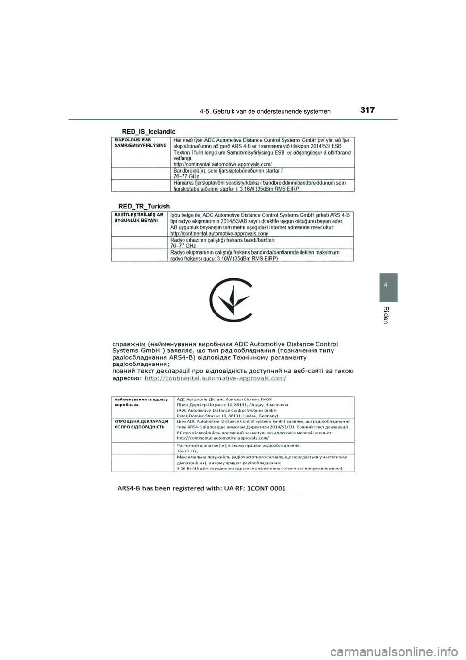 TOYOTA CAMRY 2021 Instructieboekje (in Dutch) 3174-5. Gebruik van de ondersteunende systemen
CAMRY_HV_EE
4
Rijden
CAMRY_HV_OM_Europe_OM33F82E.book Page 317 Friday, August 14, 2020 9:43 AM TOYOTA CAMRY 2021 Instructieboekje (in Dutch) 3174-5. Gebruik van de ondersteunende systemen
CAMRY_HV_EE
4
Rijden
CAMRY_HV_OM_Europe_OM33F82E.book Page 317 Friday, August 14, 2020 9:43 AM