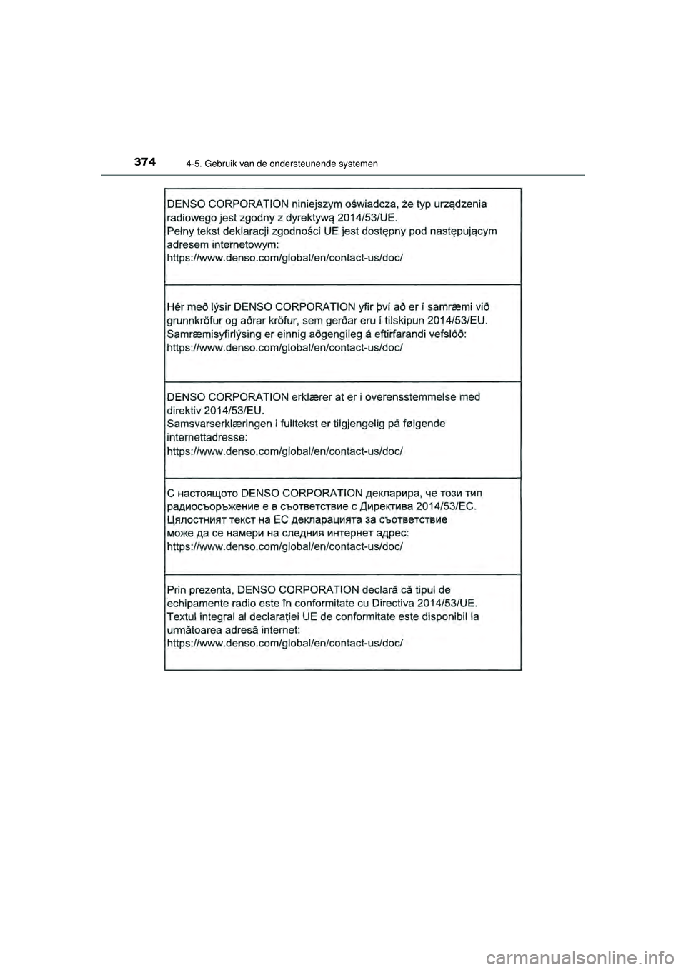 TOYOTA CAMRY 2021  Instructieboekje (in Dutch) 3744-5. Gebruik van de ondersteunende systemen
CAMRY_HV_EE
CAMRY_HV_OM_Europe_OM33F82E.book  Page 374  Friday, August 14, 2020  9:43 AM 