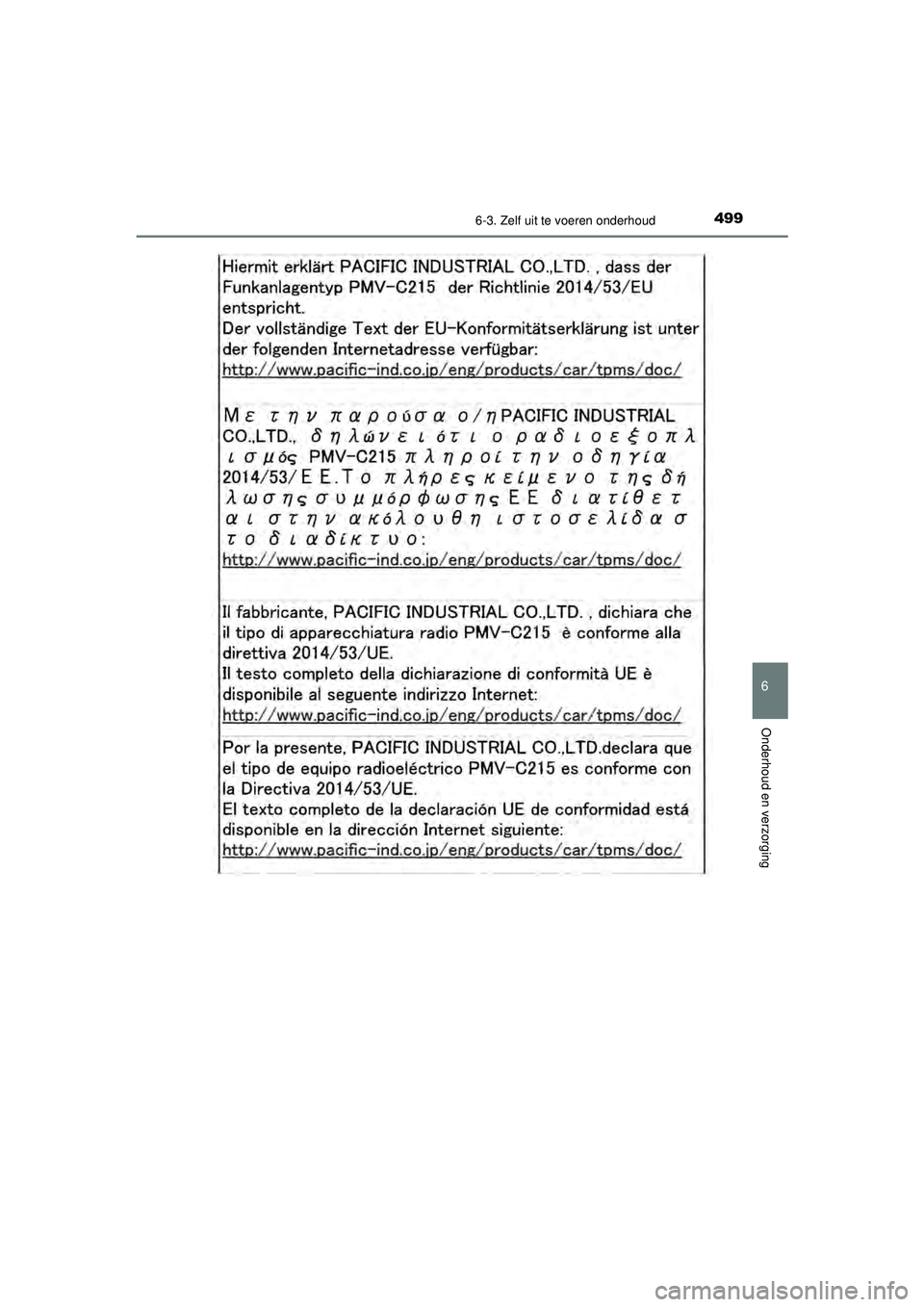 TOYOTA CAMRY 2021 Instructieboekje (in Dutch) 4996-3. Zelf uit te voeren onderhoud
CAMRY_HV_EE
6
Onderhoud en verzorging
CAMRY_HV_OM_Europe_OM33F82E.book Page 499 Friday, August 14, 2020 9:43 AM TOYOTA CAMRY 2021 Instructieboekje (in Dutch) 4996-3. Zelf uit te voeren onderhoud
CAMRY_HV_EE
6
Onderhoud en verzorging
CAMRY_HV_OM_Europe_OM33F82E.book Page 499 Friday, August 14, 2020 9:43 AM