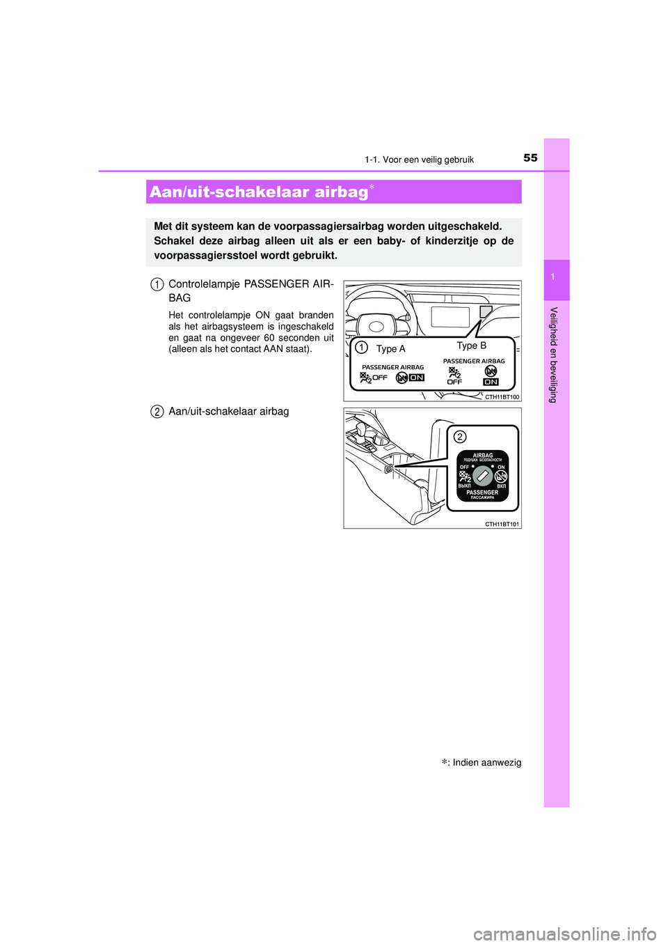 TOYOTA CAMRY 2021  Instructieboekje (in Dutch) 551-1. Voor een veilig gebruik
1
Veiligheid en beveiliging
CAMRY_HV_EE
Controlelampje PASSENGER AIR-
BAG
Het controlelampje ON gaat branden
als het airbagsysteem is ingeschakeld
en gaat na ongeveer 60