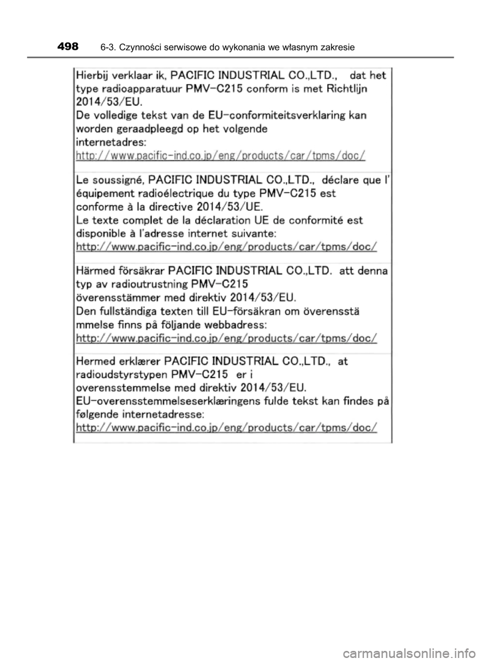 TOYOTA CAMRY 2021  Instrukcja obsługi (in Polish) 4986-3. CzynnoÊci serwisowe do wykonania we w∏asnym zakresie
45 Camry HV OM33F82E  14/10/20  17:02  Page 498    (Black plate) 