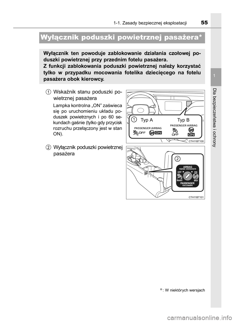 TOYOTA CAMRY 2021  Instrukcja obsługi (in Polish) Wskaênik  stanu  poduszki  po-
wietrznej pasa˝era
Lampka kontrolna „ON” zaÊwieca
si´  po  uruchomieniu  uk∏adu  po-
duszek  powietrznych  i po  60  se-
kundach gaÊnie (tylko gdy przycisk
ro