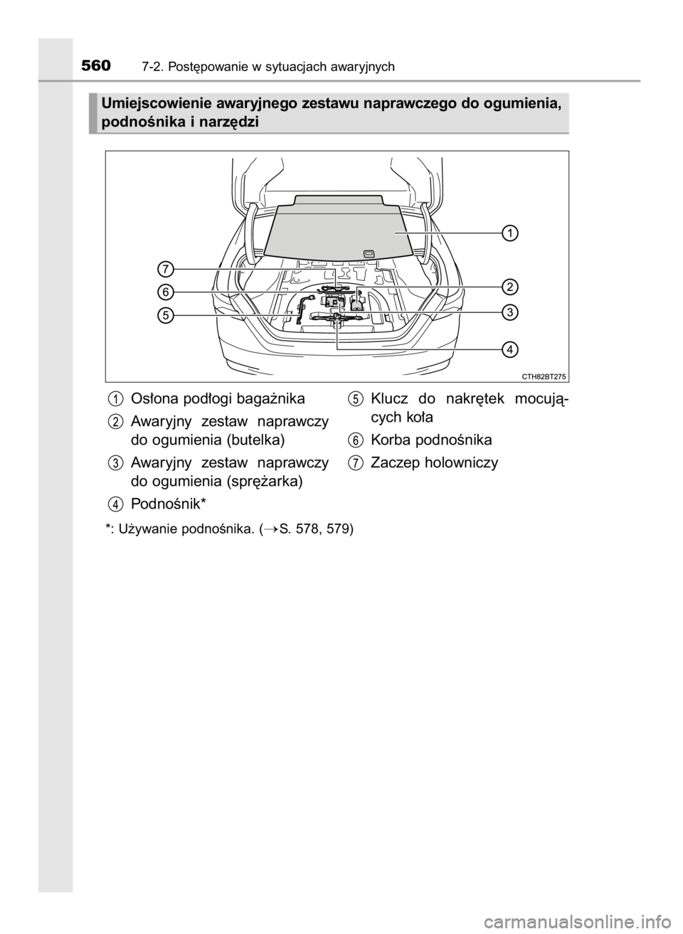 TOYOTA CAMRY 2021  Instrukcja obsługi (in Polish) Os∏ona pod∏ogi baga˝nika
Awaryjny  zestaw  naprawczy
do ogumienia (butelka)
Awaryjny  zestaw  naprawczy
do ogumienia (spr´˝arka)
PodnoÊnik*Klucz  do  nakr´tek  mocujà-
cych ko∏a
Korba podn