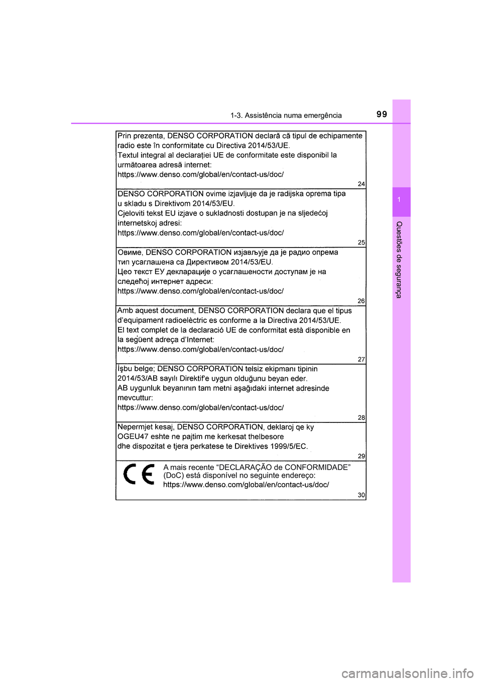 TOYOTA CAMRY 2021  Manual de utilização (in Portuguese) 991-3. Assistência numa emergência
1
Questões de segurança
CAMRY_HV_EE
A mais recente “DECLARAÇÃO de CONFORMIDADE” 
(DoC) está disponível no seguinte endereço:  