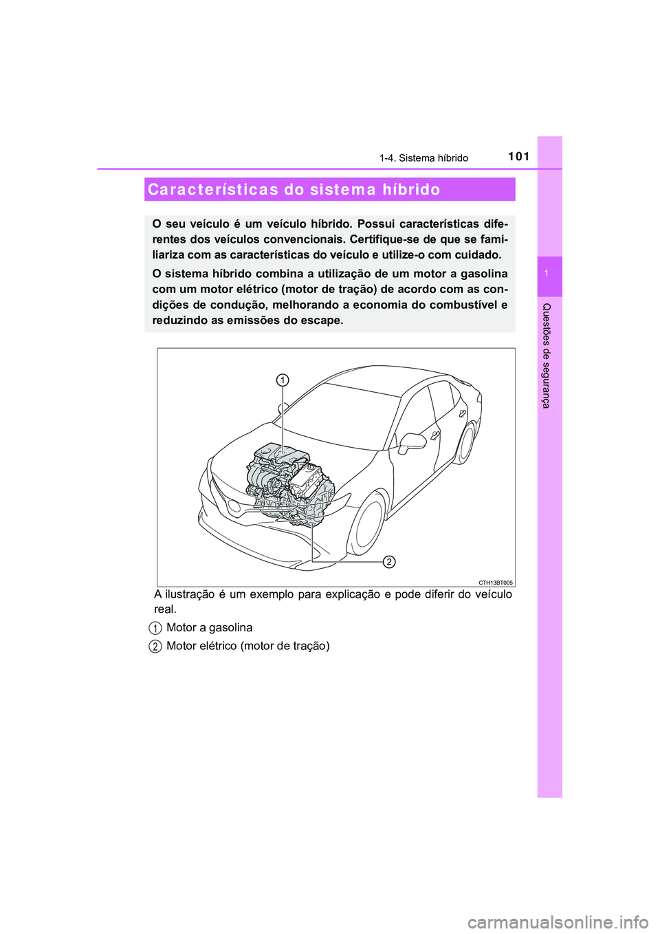 TOYOTA CAMRY 2021  Manual de utilização (in Portuguese) 101
1
Questões de segurança
CAMRY_HV_EE
1-4. Sistema híbrido
A  ilustração  é  um  exemplo  para  explicação  e  pode  diferir  do  veículo
real. 
Motor a gasolina
Motor elétrico (motor de t