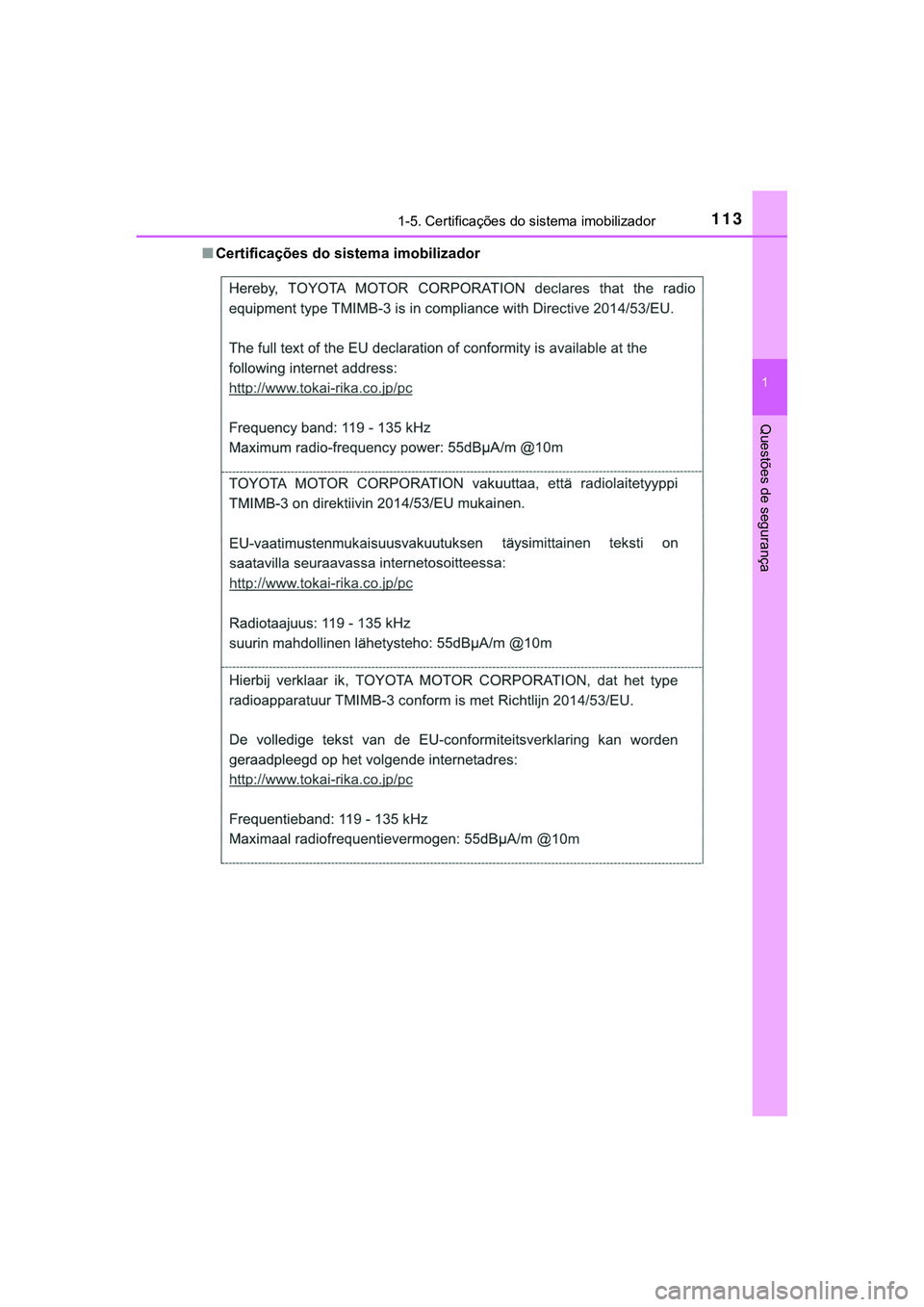 TOYOTA CAMRY 2021  Manual de utilização (in Portuguese) 1131-5. Certificações do sistema imobilizador
1
Questões de segurança
CAMRY_HV_EE■Certificações do sistema imobilizador 