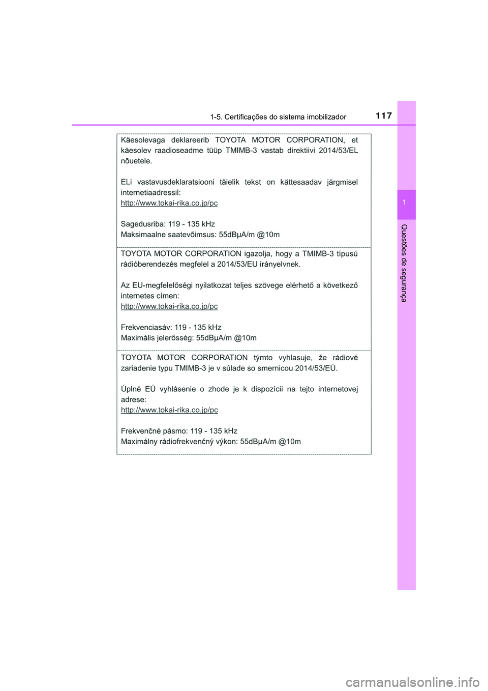 TOYOTA CAMRY 2021  Manual de utilização (in Portuguese) 1171-5. Certificações do sistema imobilizador
1
Questões de segurança
CAMRY_HV_EE 