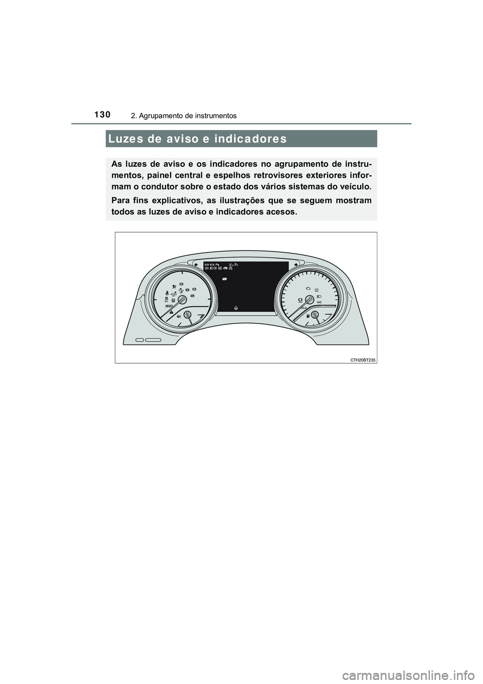 TOYOTA CAMRY 2021  Manual de utilização (in Portuguese) 130
CAMRY_HV_EE
2. Agrupamento de instrumentos
Luzes de aviso e indicadores
As  luzes  de  aviso  e  os  indicadores  no  agrupamento  de  instru-
mentos,  painel  central  e  espelhos  retrovisores  