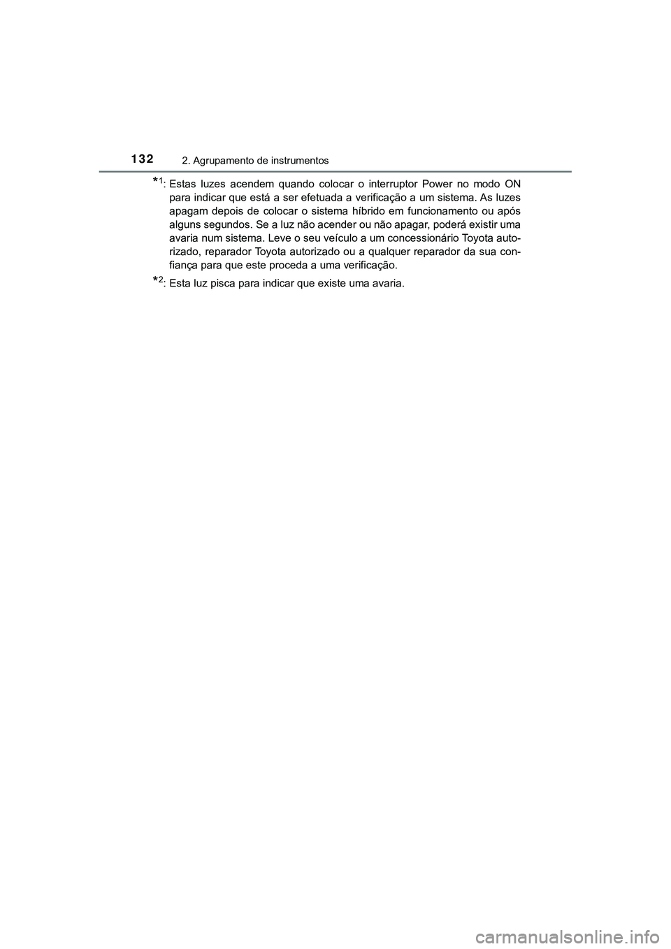 TOYOTA CAMRY 2021  Manual de utilização (in Portuguese) 1322. Agrupamento de instrumentos
CAMRY_HV_EE
*1: Estas  luzes  acendem  quando  colocar  o  interruptor  Power  no  modo ON
para indicar que está a ser efetuada a verificação a um sistema. As luze