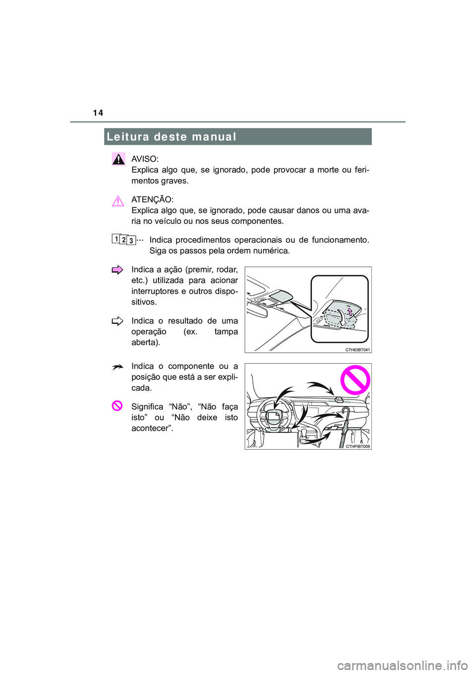 TOYOTA CAMRY 2021  Manual de utilização (in Portuguese) 14
CAMRY_HV_EE
AV I S O :  
Explica  algo  que,  se  ignorado,  pode  provocar  a  morte  ou  feri-
mentos graves.
ATENÇÃO: 
Explica algo que, se ignorado, pode causar danos ou uma ava-
ria no veíc