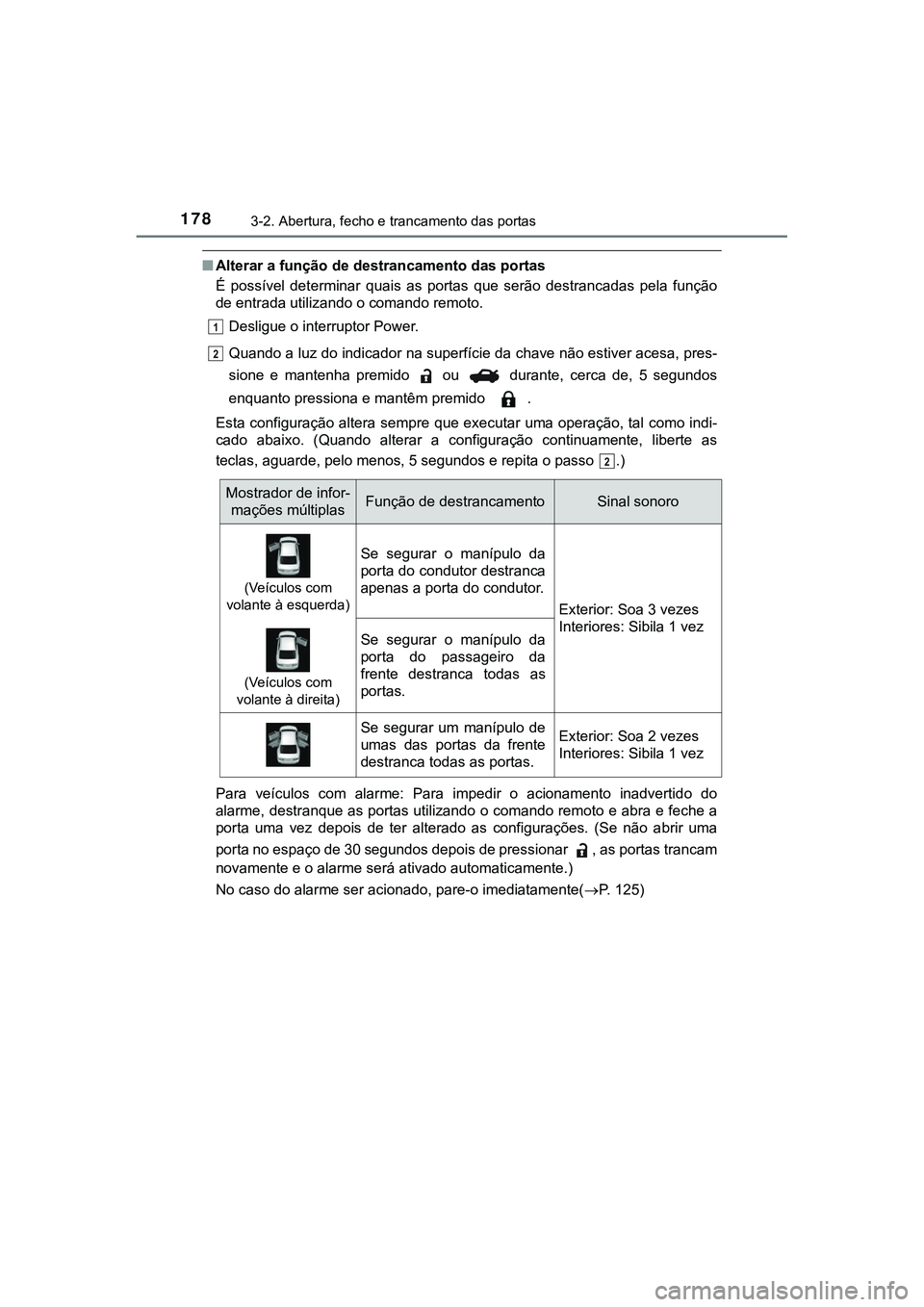 TOYOTA CAMRY 2021  Manual de utilização (in Portuguese) 1783-2. Abertura, fecho e trancamento das portas
CAMRY_HV_EE
■Alterar a função de destrancamento das portas
É  possível  determinar  quais  as  portas  que  serão  destrancadas  pela  função
