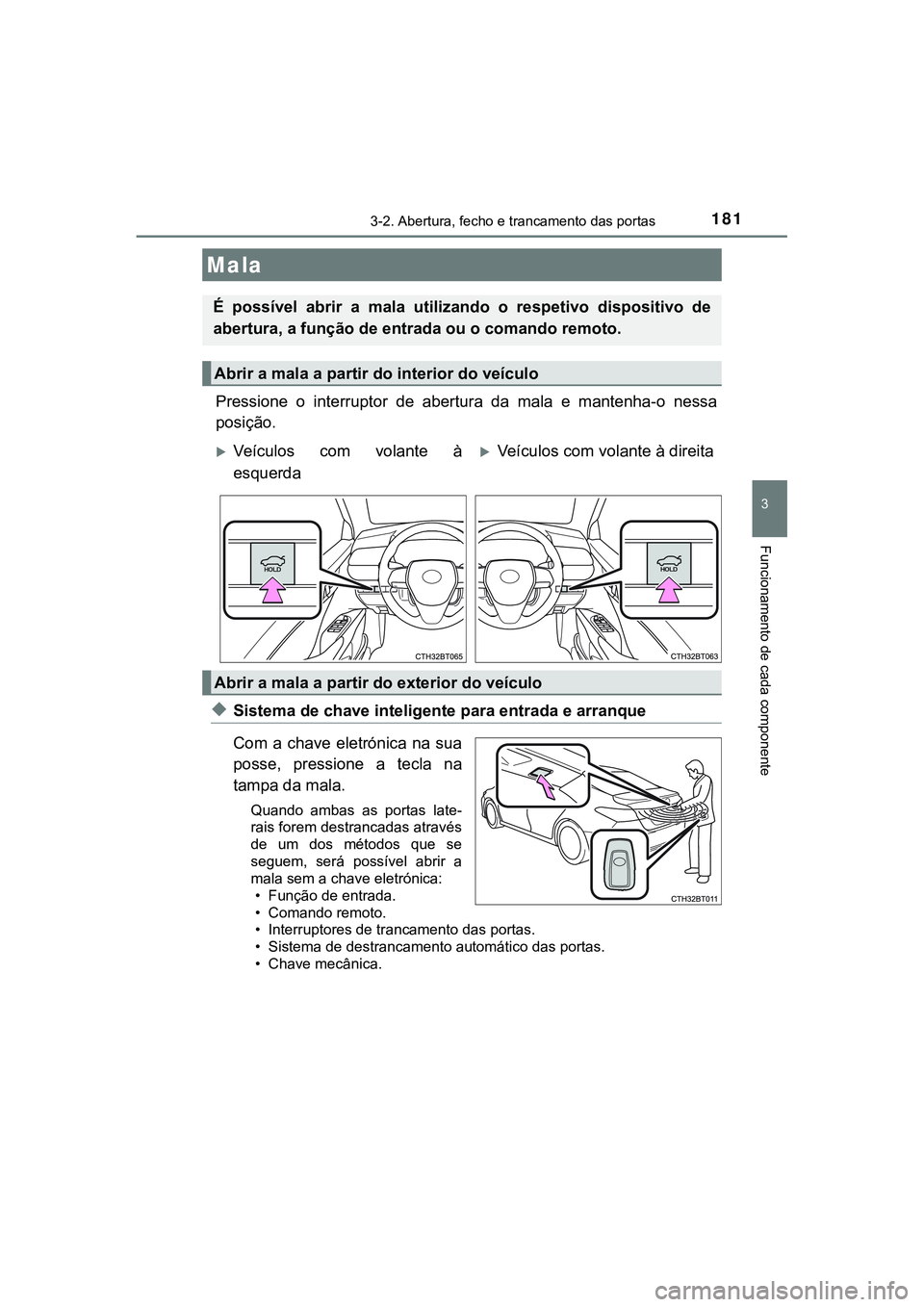 TOYOTA CAMRY 2021  Manual de utilização (in Portuguese) 1813-2. Abertura, fecho e trancamento das portas
CAMRY_HV_EE
3
Funcionamento de cada componente
Pressione  o  interruptor  de  abertura  da  mala  e  mantenha-o  nessa
posição.
◆Sistema de chave i
