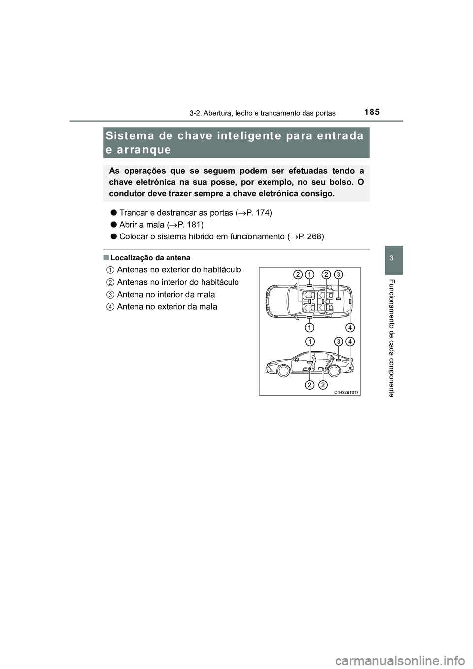 TOYOTA CAMRY 2021  Manual de utilização (in Portuguese) 1853-2. Abertura, fecho e trancamento das portas
CAMRY_HV_EE
3
Funcionamento de cada componente
●Trancar e destrancar as portas (P.   1 7 4 )
●Abrir a mala (P. 181)
●Colocar o sistema híb