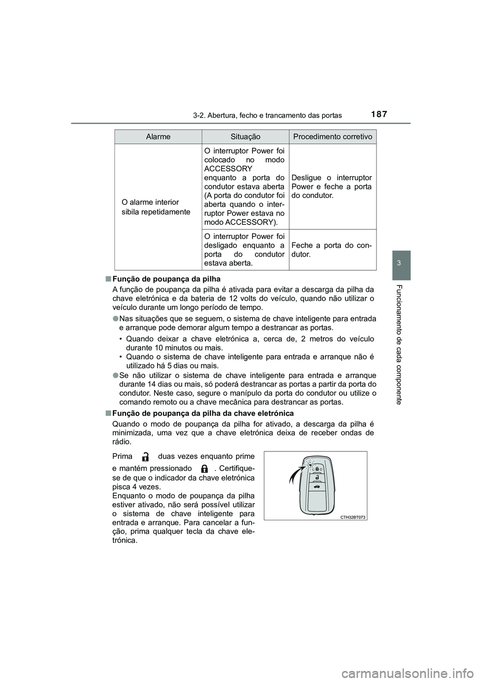 TOYOTA CAMRY 2021 Manual de utilização (in Portuguese) 1873-2. Abertura, fecho e trancamento das portas
CAMRY_HV_EE
3
Funcionamento de cada componente■Função de poupança da pilha
A função de poupança da pilha é ativada para evitar a descarga da p TOYOTA CAMRY 2021 Manual de utilização (in Portuguese) 1873-2. Abertura, fecho e trancamento das portas
CAMRY_HV_EE
3
Funcionamento de cada componente■Função de poupança da pilha
A função de poupança da pilha é ativada para evitar a descarga da p