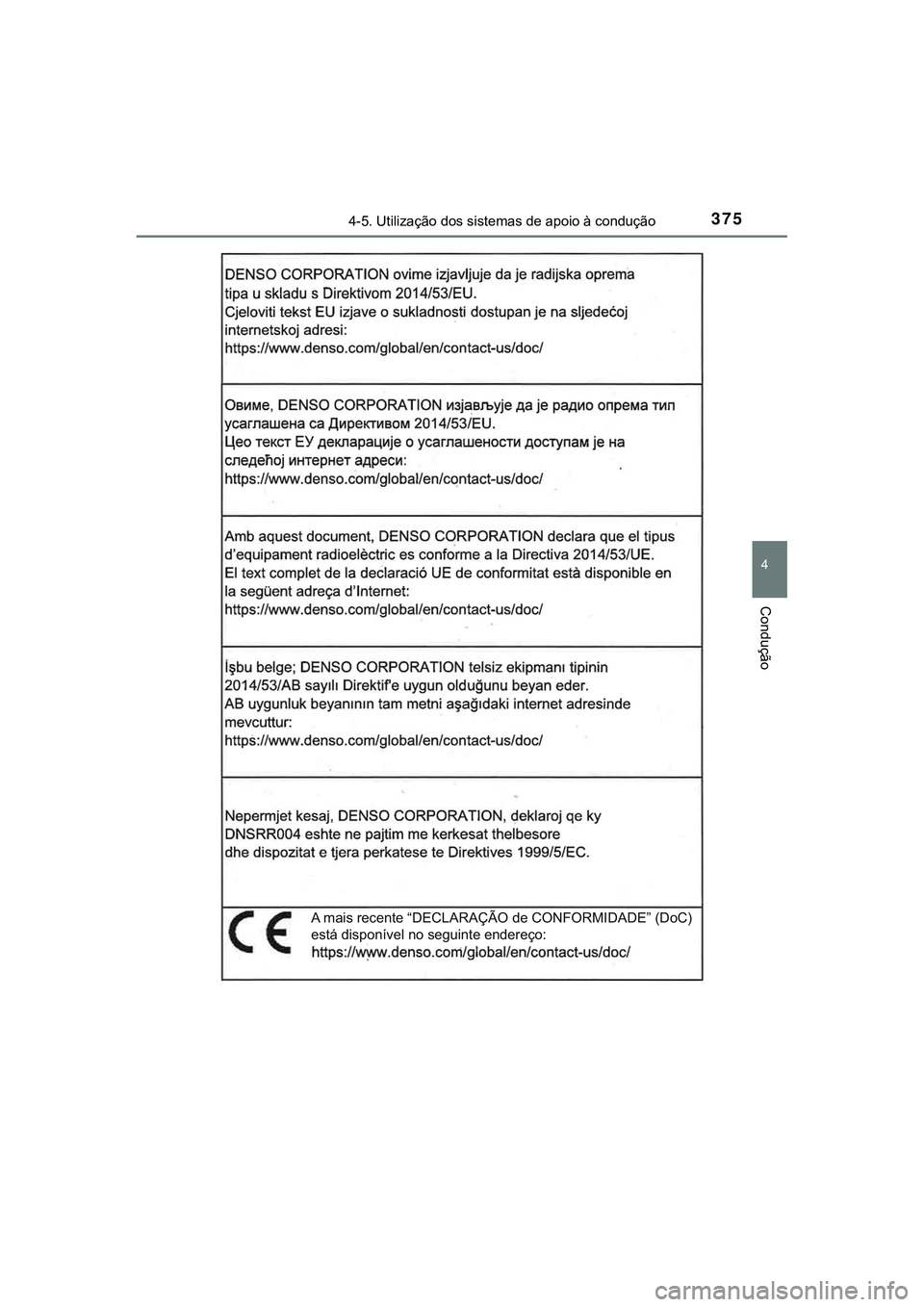 TOYOTA CAMRY 2021  Manual de utilização (in Portuguese) 3754-5. Utilização dos sistemas de apoio à condução
CAMRY_HV_EE
4
Condução
A mais recente “DECLARAÇÃO de CONFORMIDADE” (DoC) 
está disponível no seguinte endereço:  