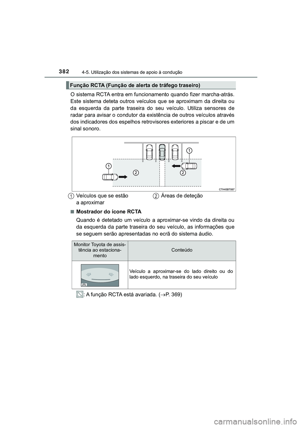 TOYOTA CAMRY 2021 Manual de utilização (in Portuguese) 3824-5. Utilização dos sistemas de apoio à condução
CAMRY_HV_EE
O sistema RCTA entra em funcionamento quando fizer marcha-atrás.
Este sistema deteta outros veículos que se aproximam da TOYOTA CAMRY 2021 Manual de utilização (in Portuguese) 3824-5. Utilização dos sistemas de apoio à condução
CAMRY_HV_EE
O sistema RCTA entra em funcionamento quando fizer marcha-atrás.
Este sistema deteta outros veículos que se aproximam da